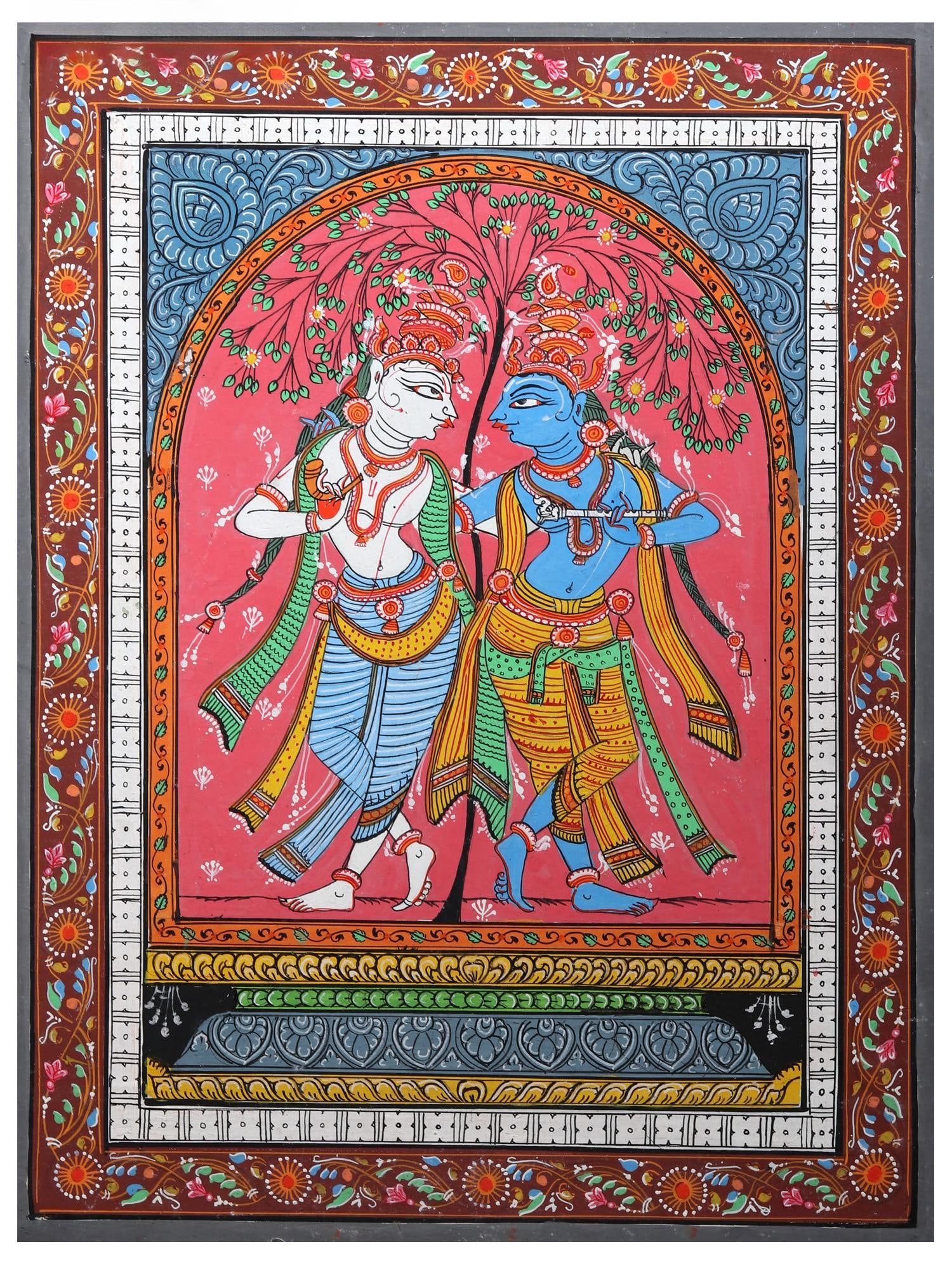 Lord Krishna and Balaram | Pattachitra Painting from Odisha: Title: Lord Krishna and Balaram | Pattachitra Painting from Odisha Description: Folk Paintings Reserve: $140.00 Shipping: Domestic: Shipping rates are determined by destination International: Foreign