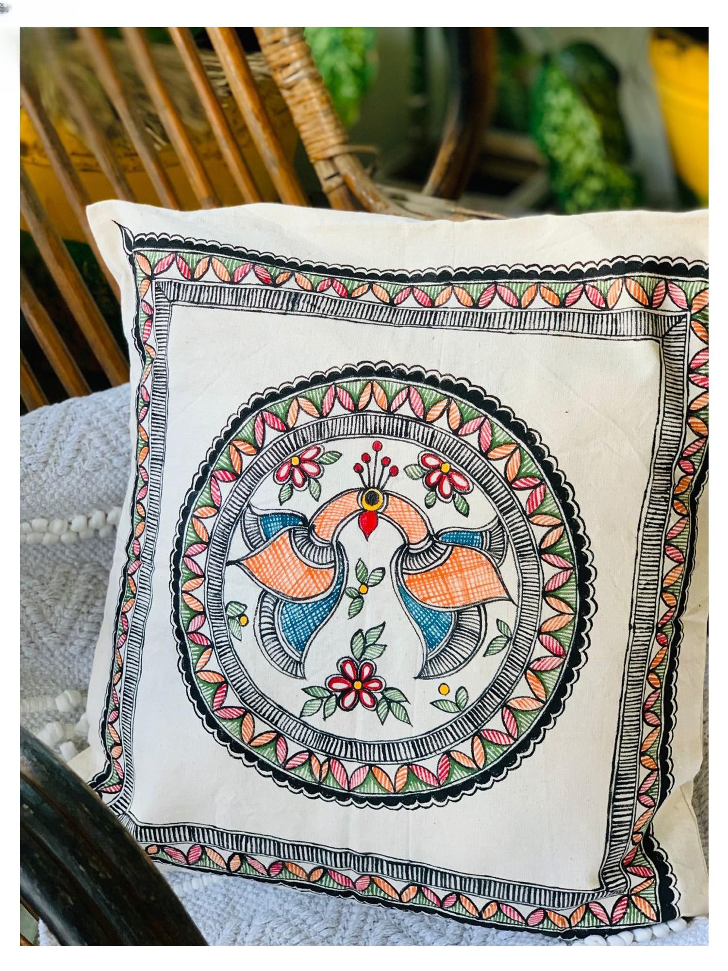 Madhubani Art Work Handpainted Cushion Cover Pure Cotton| Mrunamayee Chandurkar Bakal: Title: Madhubani Art Work Handpainted Cushion Cover Pure Cotton| Mrunamayee Chandurkar Bakal Description: Collections Painting Reserve: $41.00 Shipping: Domestic: Shipping rates are determined by