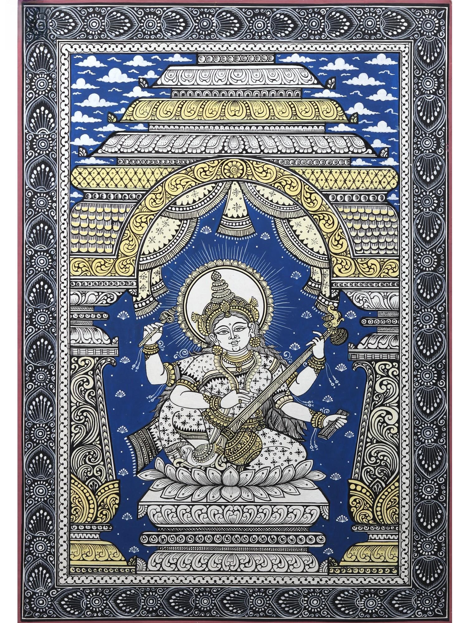 Devi Saraswati Seated on Lotus Playing Veena | Pattachitra Painting from Odisha: Title: Devi Saraswati Seated on Lotus Playing Veena | Pattachitra Painting from Odisha Description: Folk Paintings Reserve: $160.00 Shipping: Domestic: Shipping rates are determined by destination
