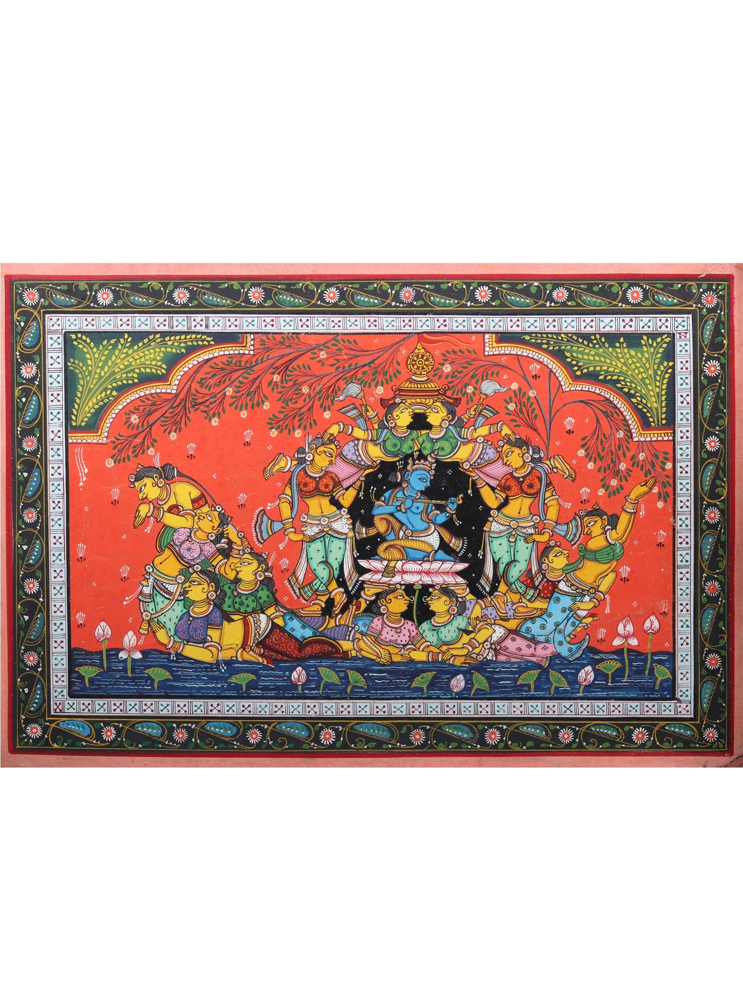 Fluting Krishna on Kandarpa Nauka (Boat Made of Gopis) | Pattachitra Painting from Odisha: Title: Fluting Krishna on Kandarpa Nauka (Boat Made of Gopis) | Pattachitra Painting from Odisha Description: Folk Paintings Reserve: $202.00 Shipping: Domestic: Shipping rates are determined by