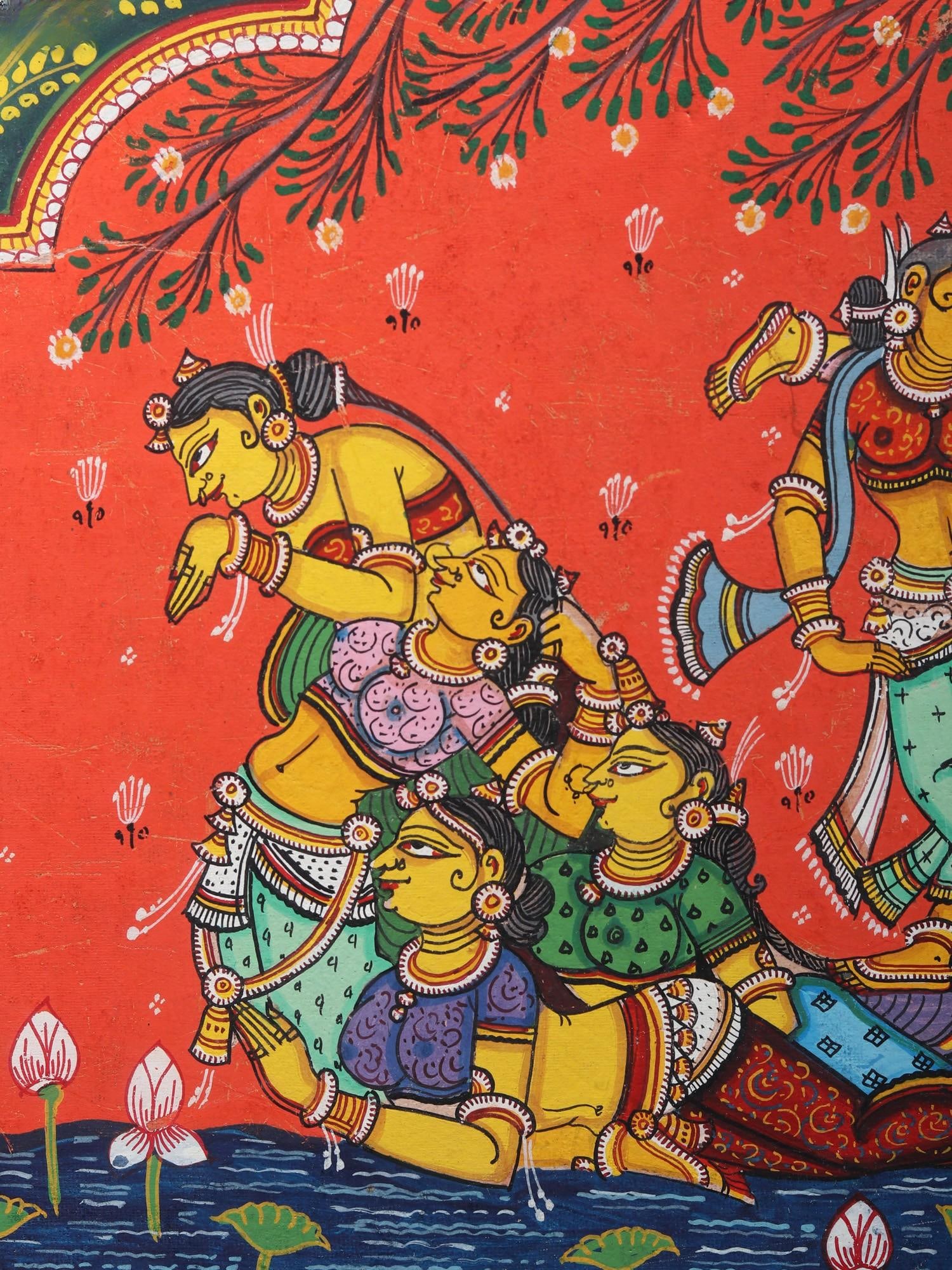 Fluting Krishna on Kandarpa Nauka (Boat Made of Gopis) | Pattachitra Painting from Odisha - 2