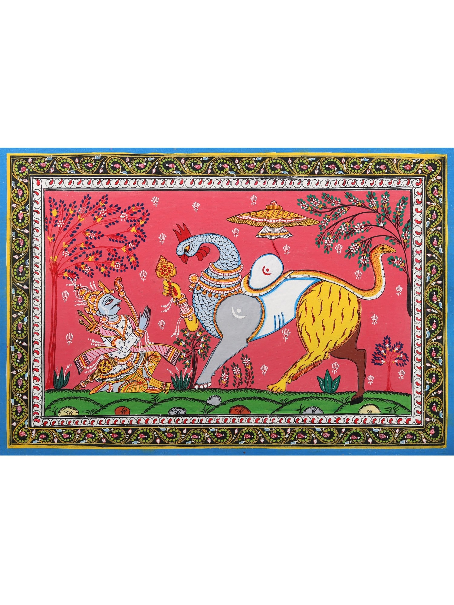 Arjuna Bows to Navagunjara - Composite Form of Lord Krishna | Pattachitra Painting from Odisha: Title: Arjuna Bows to Navagunjara - Composite Form of Lord Krishna | Pattachitra Painting from Odisha Description: Folk Paintings Reserve: $160.00 Shipping: Domestic: Shipping rates are determined by