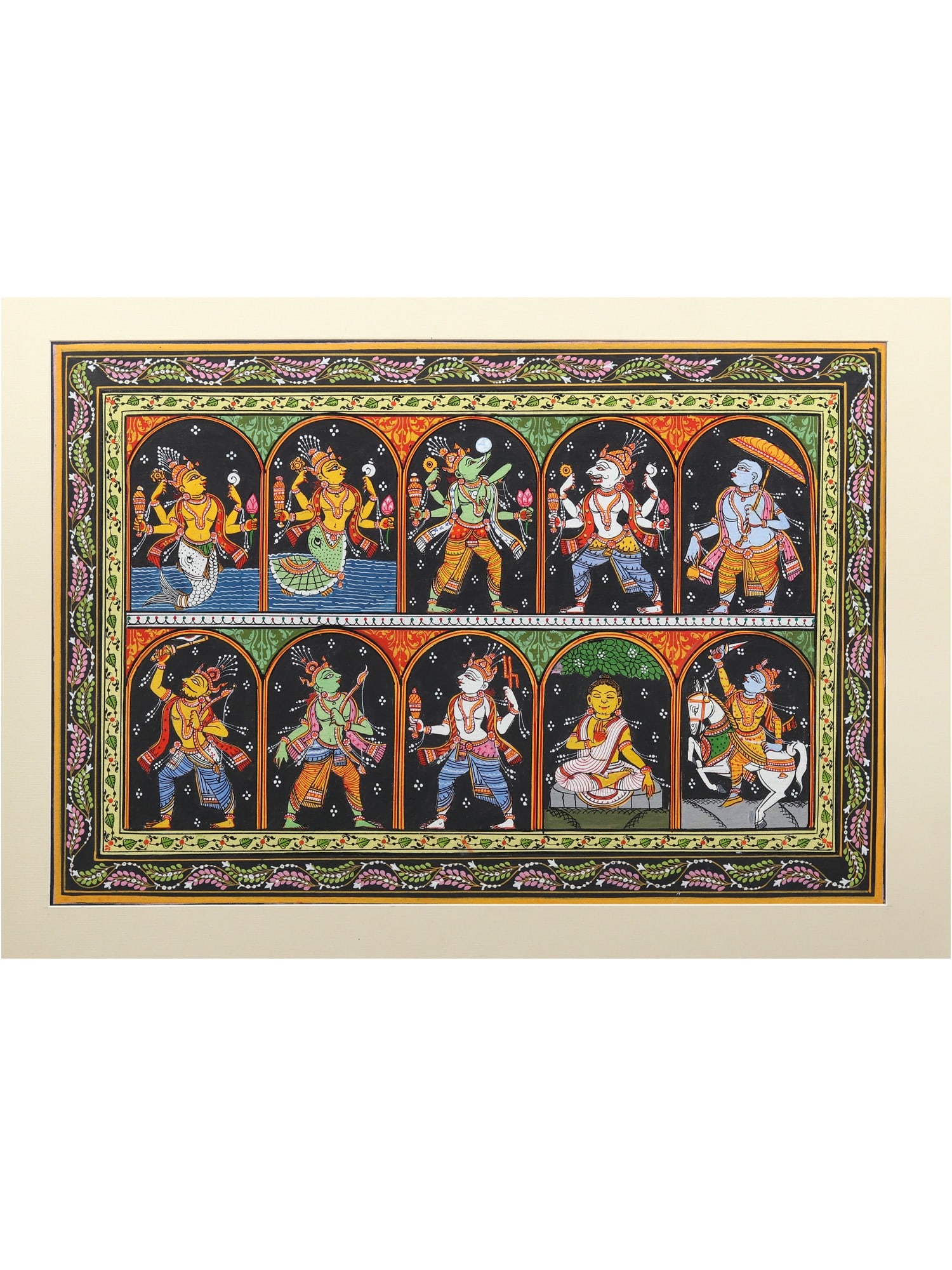 Dashavatara - Ten Incarnations of Lord Vishnu | Pattachitra Painting from Odisha: Title: Dashavatara - Ten Incarnations of Lord Vishnu | Pattachitra Painting from Odisha Description: Folk Paintings Reserve: $305.00 Shipping: Domestic: Shipping rates are determined by destination