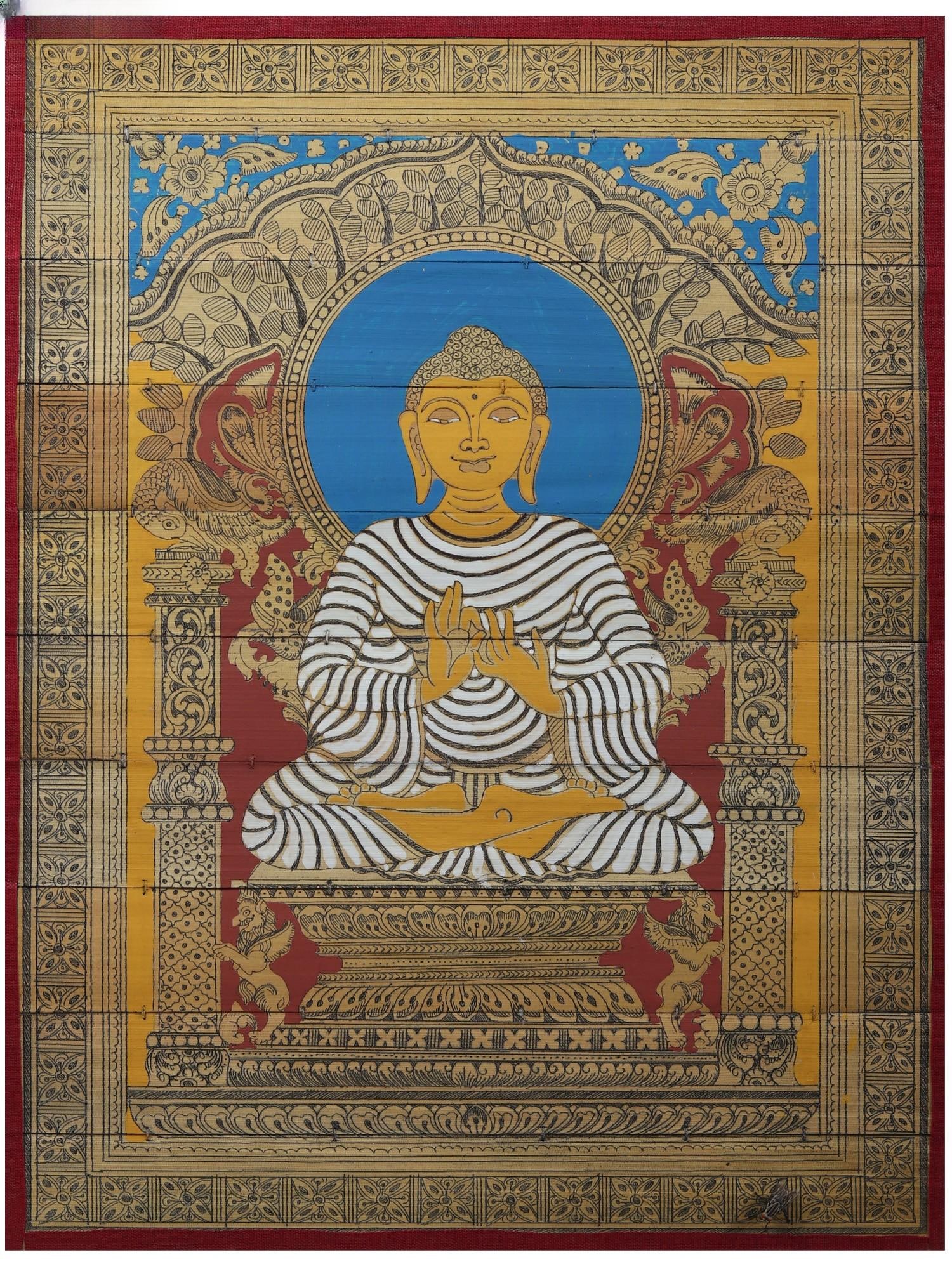 Buddha Seated in Dharmachakra Mudra | Pattachitra Painting on Palm Leaf: Title: Buddha Seated in Dharmachakra Mudra | Pattachitra Painting on Palm Leaf Description: Folk Paintings Reserve: $103.00 Shipping: Domestic: Shipping rates are determined by destination