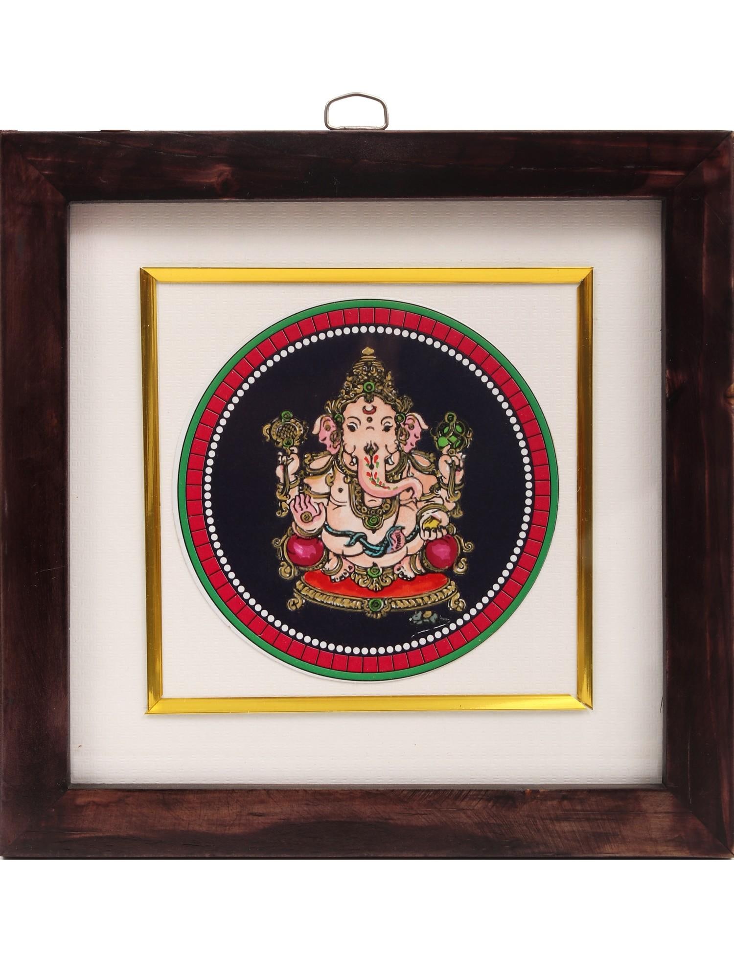 8" Lord Ganesha Seated on Pedestal | Framed Ganjifa Painting (1 of 2)
