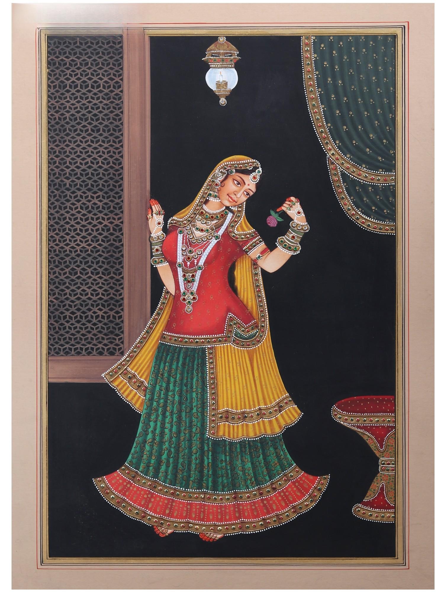 Indian Royal Lady Looking at Rose: Title: Indian Royal Lady Looking at Rose Description: Mughal Painting Reserve: $160.00 Shipping: Domestic: Shipping rates are determined by destination International: Foreign shipping rates are determ