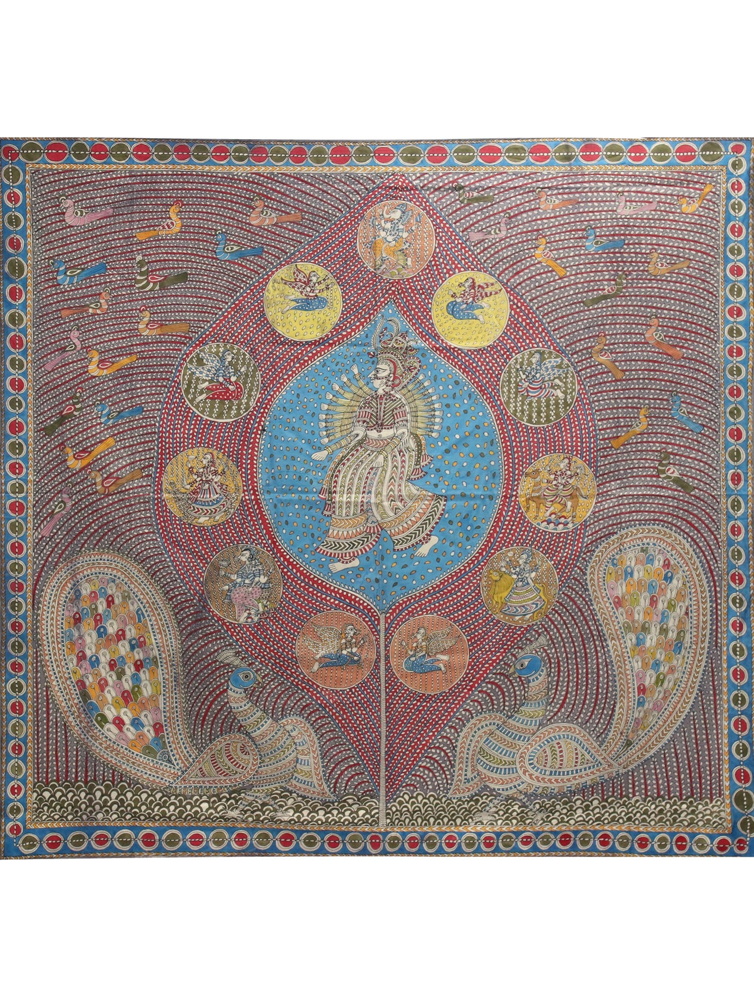 Saraswati Mata Surrounded By Gods - Mata Ni Pachedi | Madarpat Cotton | By Dilip Chitara: Title: Saraswati Mata Surrounded By Gods - Mata Ni Pachedi | Madarpat Cotton | By Dilip Chitara Description: Folk Paintings Reserve: $760.00 Shipping: Domestic: Shipping rates are determined by destin
