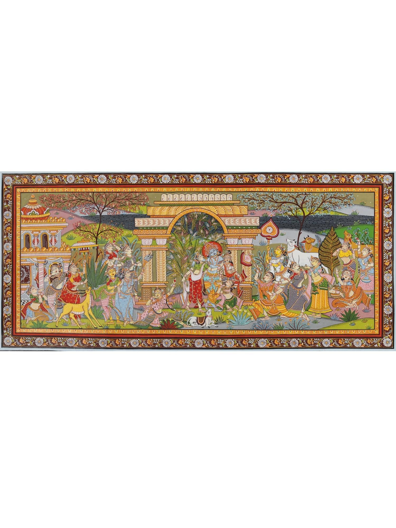 Raslila - Celebration View of Krishna with Gopis | Pattachitra Painting From Odisha: Title: Raslila - Celebration View of Krishna with Gopis | Pattachitra Painting From Odisha Description: Folk Paintings Reserve: $625.00 Shipping: Domestic: Shipping rates are determined by destination