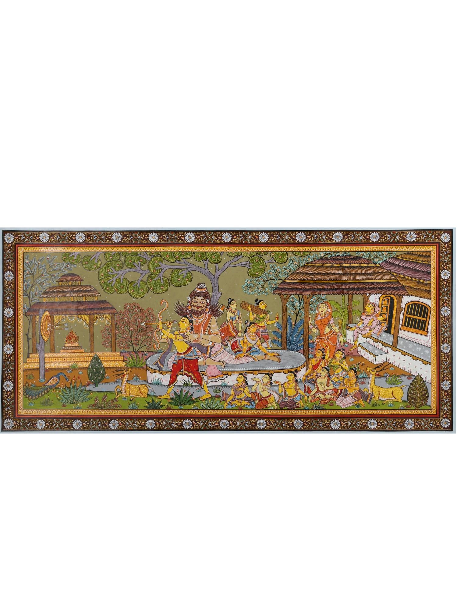 The Sage Valmiki Trains Luv - Kush in The Art of Archery - An Episode from The Ramayana |: Title: The Sage Valmiki Trains Luv - Kush in The Art of Archery - An Episode from The Ramayana | Pattachitra Painting From Odisha Description: Folk Paintings Reserve: $625.00 Shipping: Domestic: Shipp