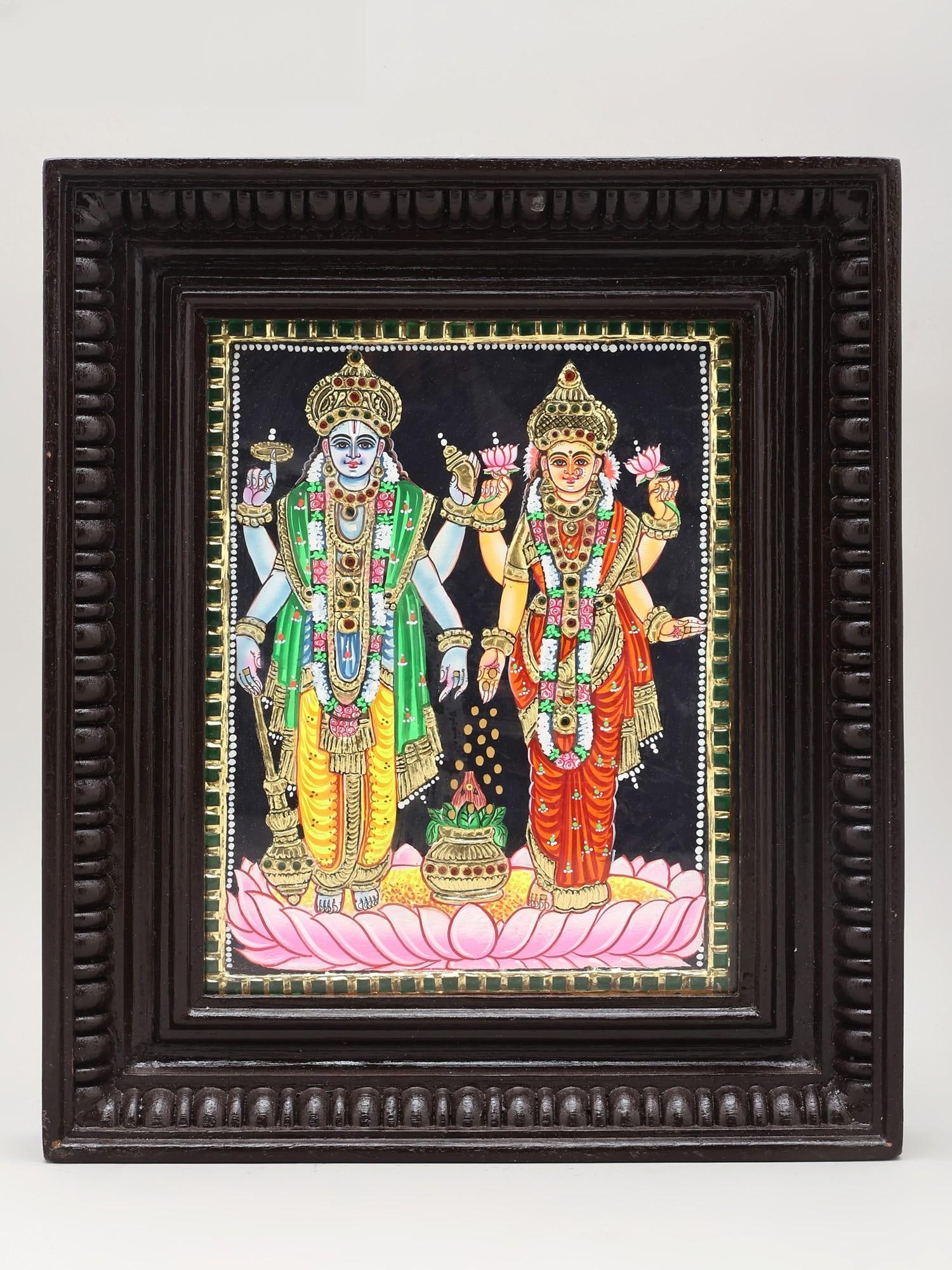 Chaturbhuj Vishnu with Lakshmi | Tanjore Painting with Frame | Traditional Colors with Gold Foil (1 of 2)