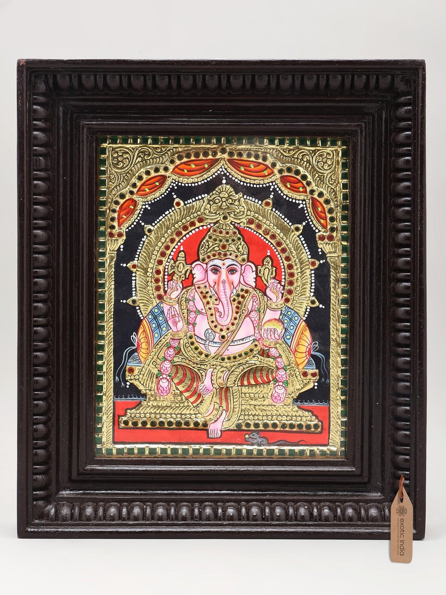 Lord Ganesha on Throne | Tanjore Painting with Frame | Traditional Colors with Gold Foil Work: Title: Lord Ganesha on Throne | Tanjore Painting with Frame | Traditional Colors with Gold Foil Work Description: Tanjore (Thanjavur) Painting Reserve: $171.00 Shipping: Domestic: Shipping rates are