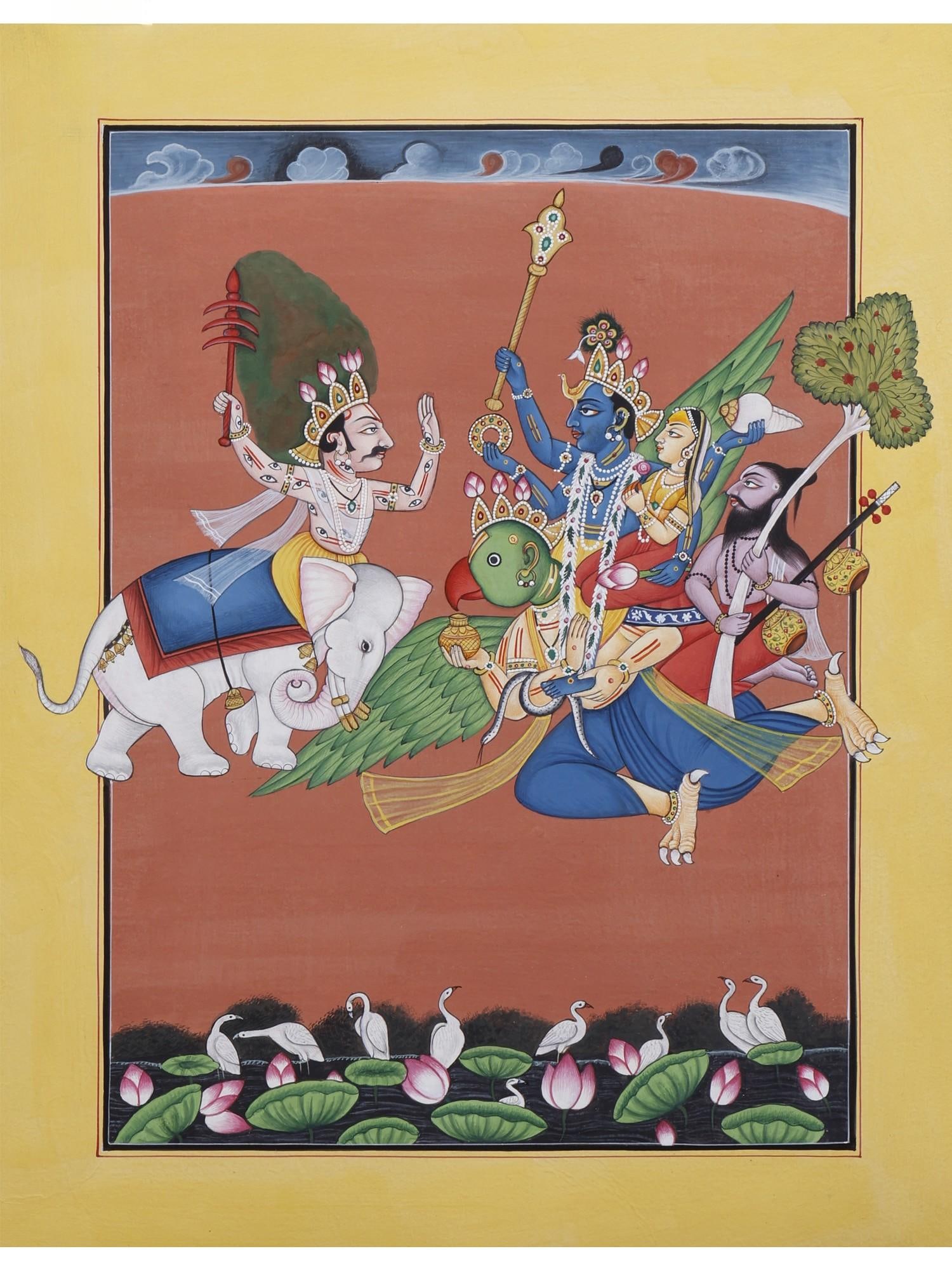 Lord Krishna Bringing The Parijaat Tree from Indra's Heaven | Watercolor on Paper: Title: Lord Krishna Bringing The Parijaat Tree from Indra's Heaven | Watercolor on Paper Description: Hindu Gods & Goddesses Painting Reserve: $365.00 Shipping: Domestic: Shipping rates are determined