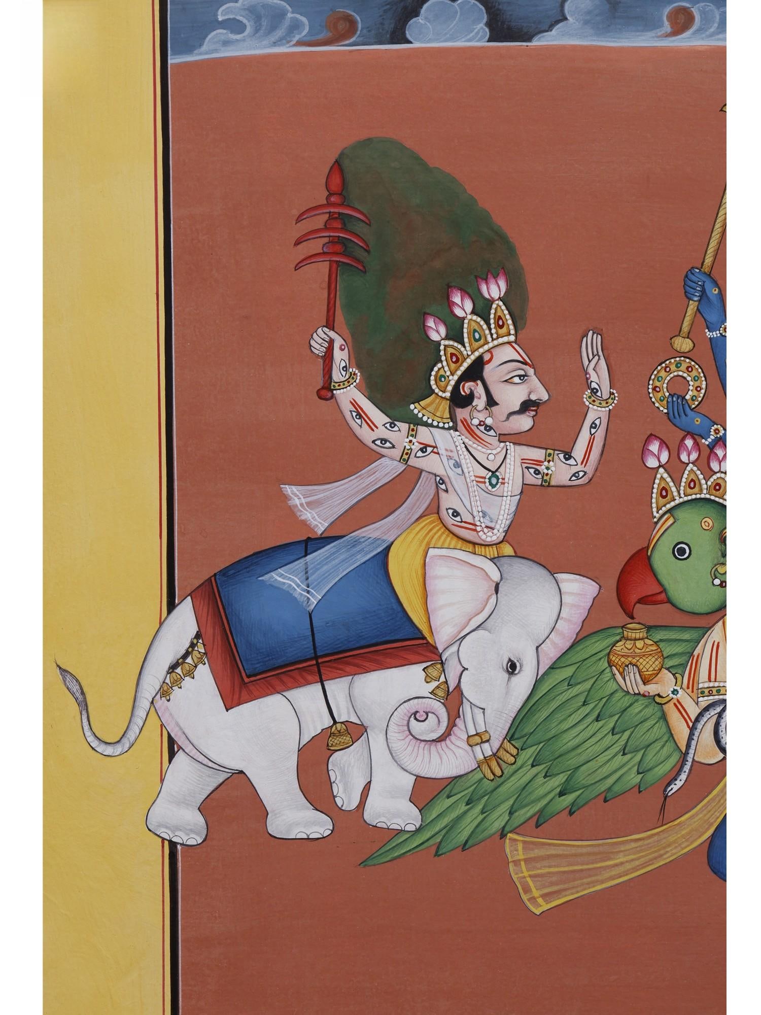 Lord Krishna Bringing The Parijaat Tree from Indra's Heaven | Watercolor on Paper - 2