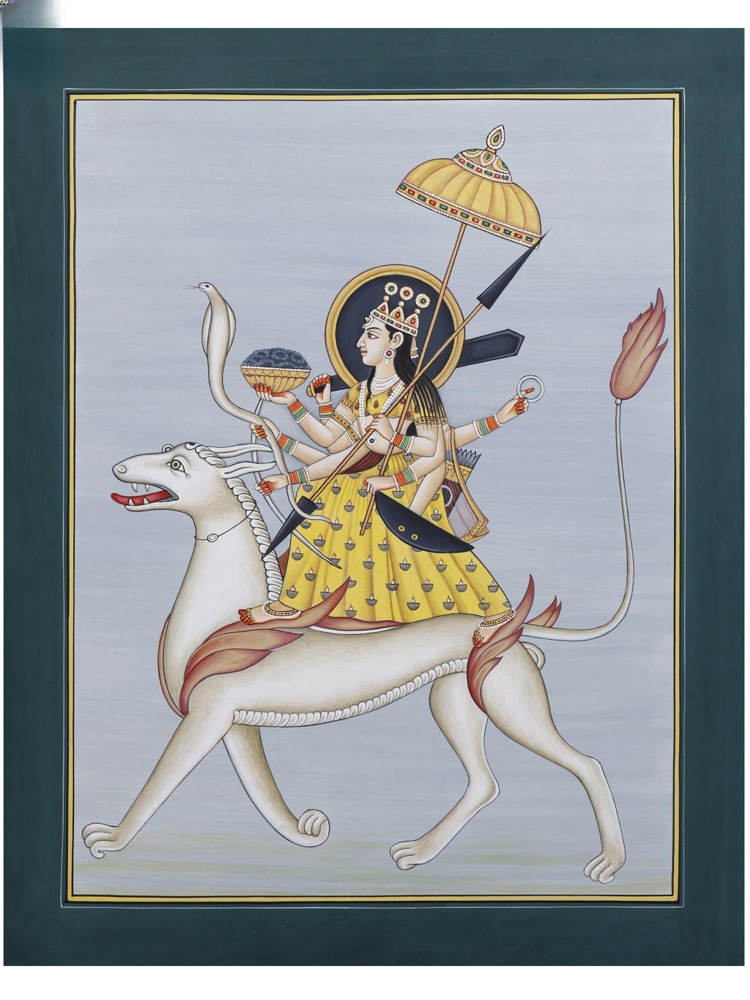 Goddess Durga | Watercolor on Paper: Title: Goddess Durga | Watercolor on Paper Description: Hindu Gods & Goddesses Painting Reserve: $557.00 Shipping: Domestic: Shipping rates are determined by destination International: Foreign