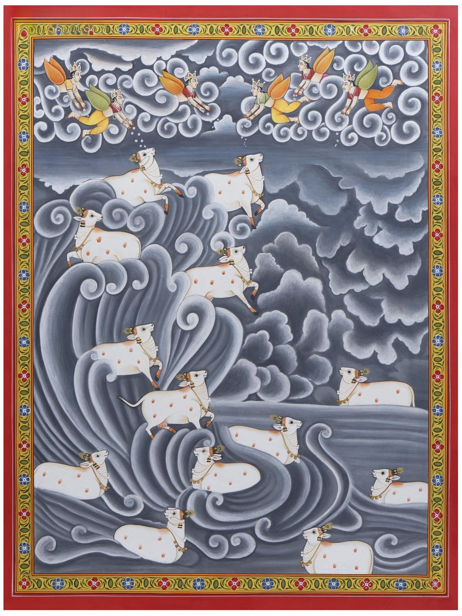 Divines Worship the Cow: Title: Divines Worship the Cow Description: Hindu Gods & Goddesses Painting Reserve: $445.00 Shipping: Domestic: Shipping rates are determined by destination International: Foreign shipping rates are