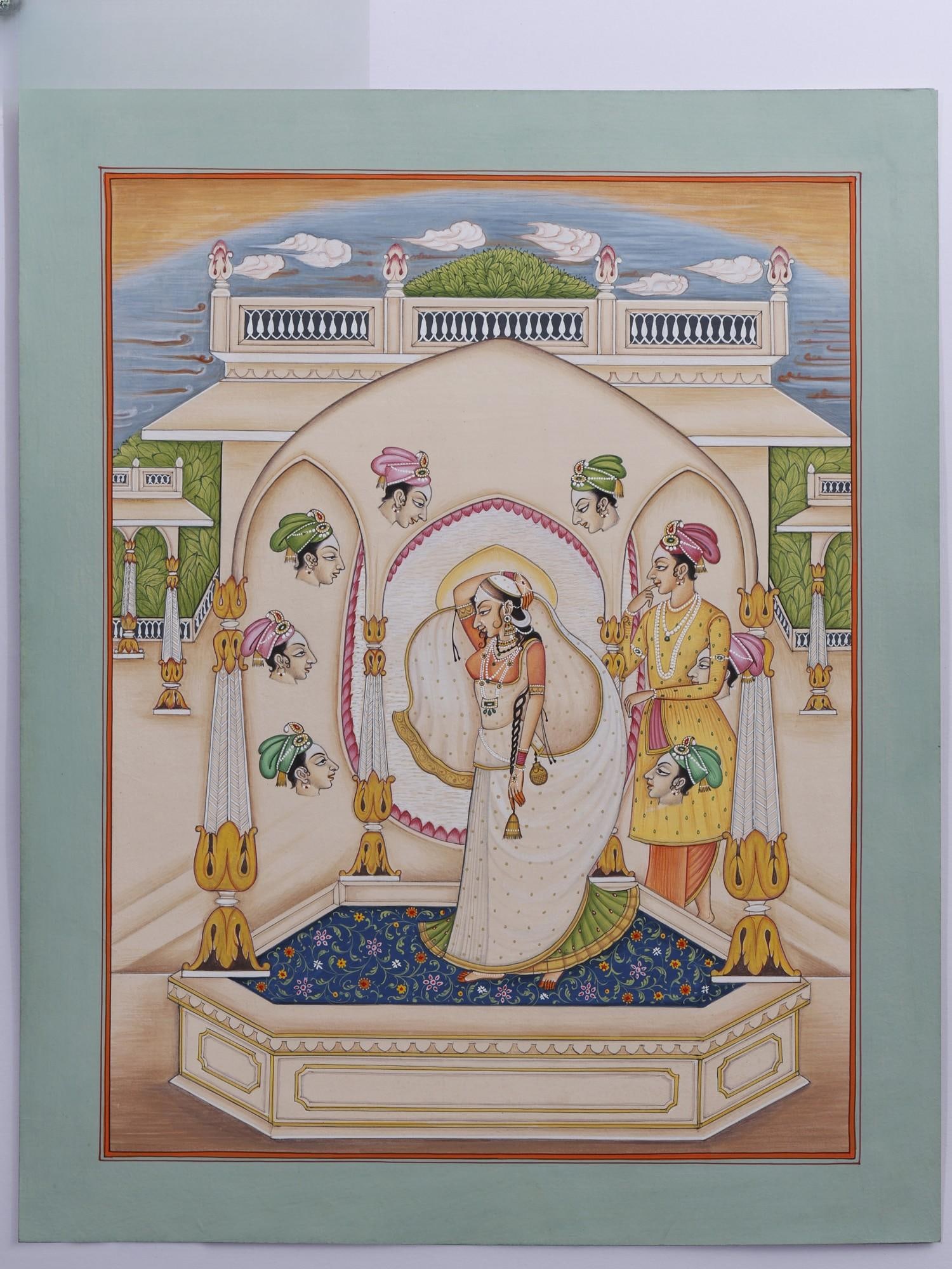 Princes Dreaming About Her Prince | Watercolor on Paper: Title: Princes Dreaming About Her Prince | Watercolor on Paper Description: Hindu Gods & Goddesses Painting Reserve: $305.00 Shipping: Domestic: Shipping rates are determined by destination Internatio