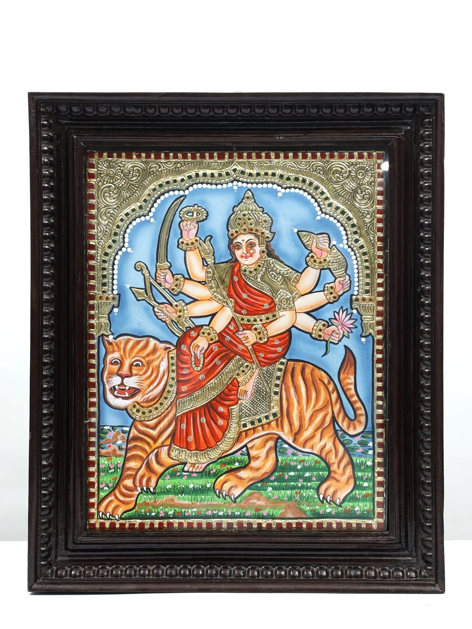 18" Goddess Durga (Sherawali Maa) Framed Tanjore Painting (1 of 2)