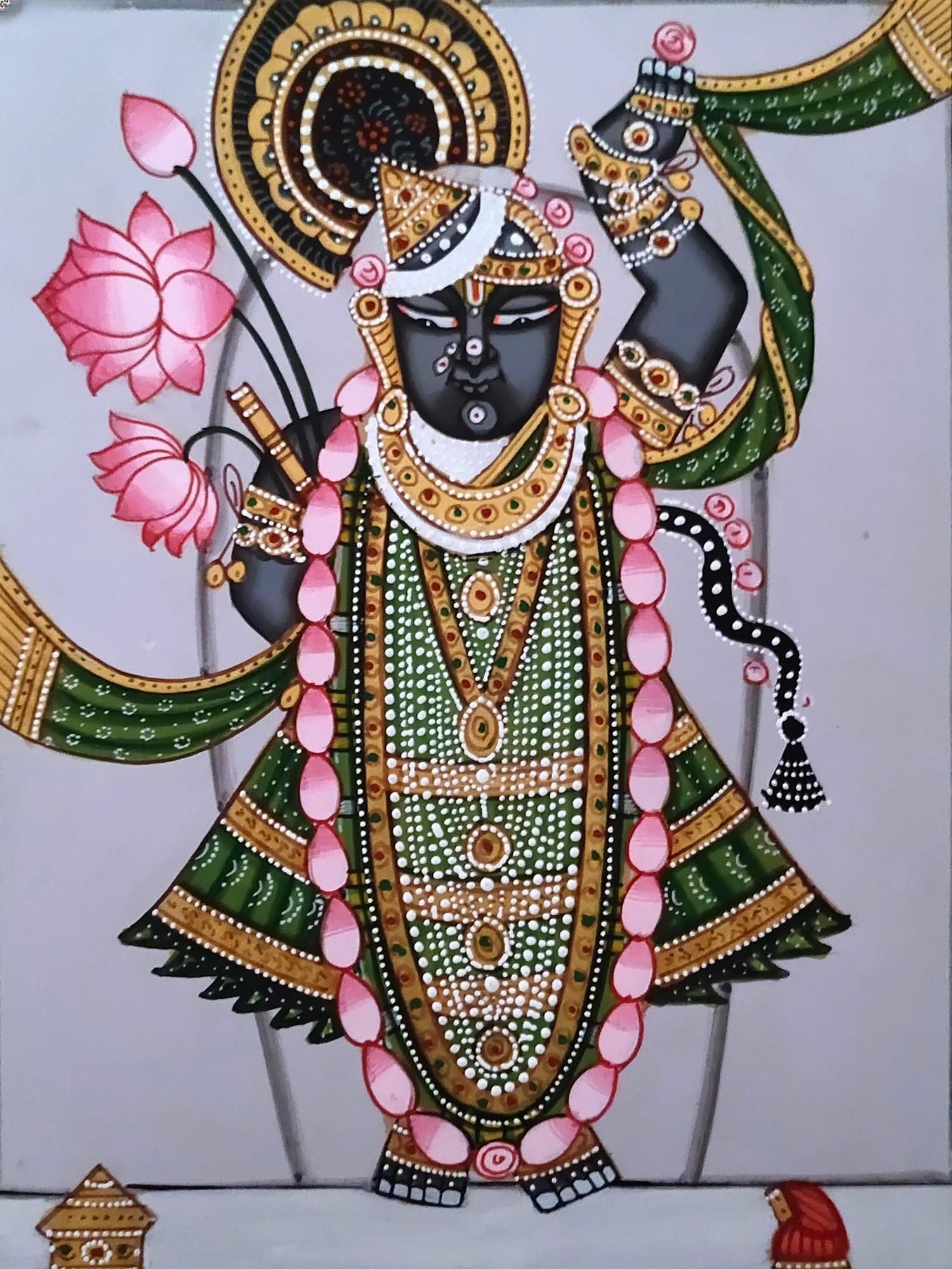 Shrinathji Wearing Garlands And Ornaments | Pichwai Painting | Watercolor On Paper | By Babu Lal - 2
