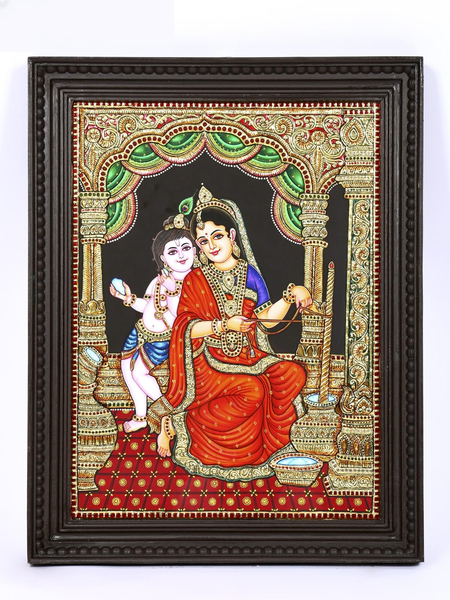 Bal Gopal with Yashoda Maiya | 24 Karat Gold Work | Framed Tanjore Painting: Title: Bal Gopal with Yashoda Maiya | 24 Karat Gold Work | Framed Tanjore Painting Description: Tanjore (Thanjavur) Painting Reserve: $895.00 Shipping: Domestic: Shipping rates are determined by