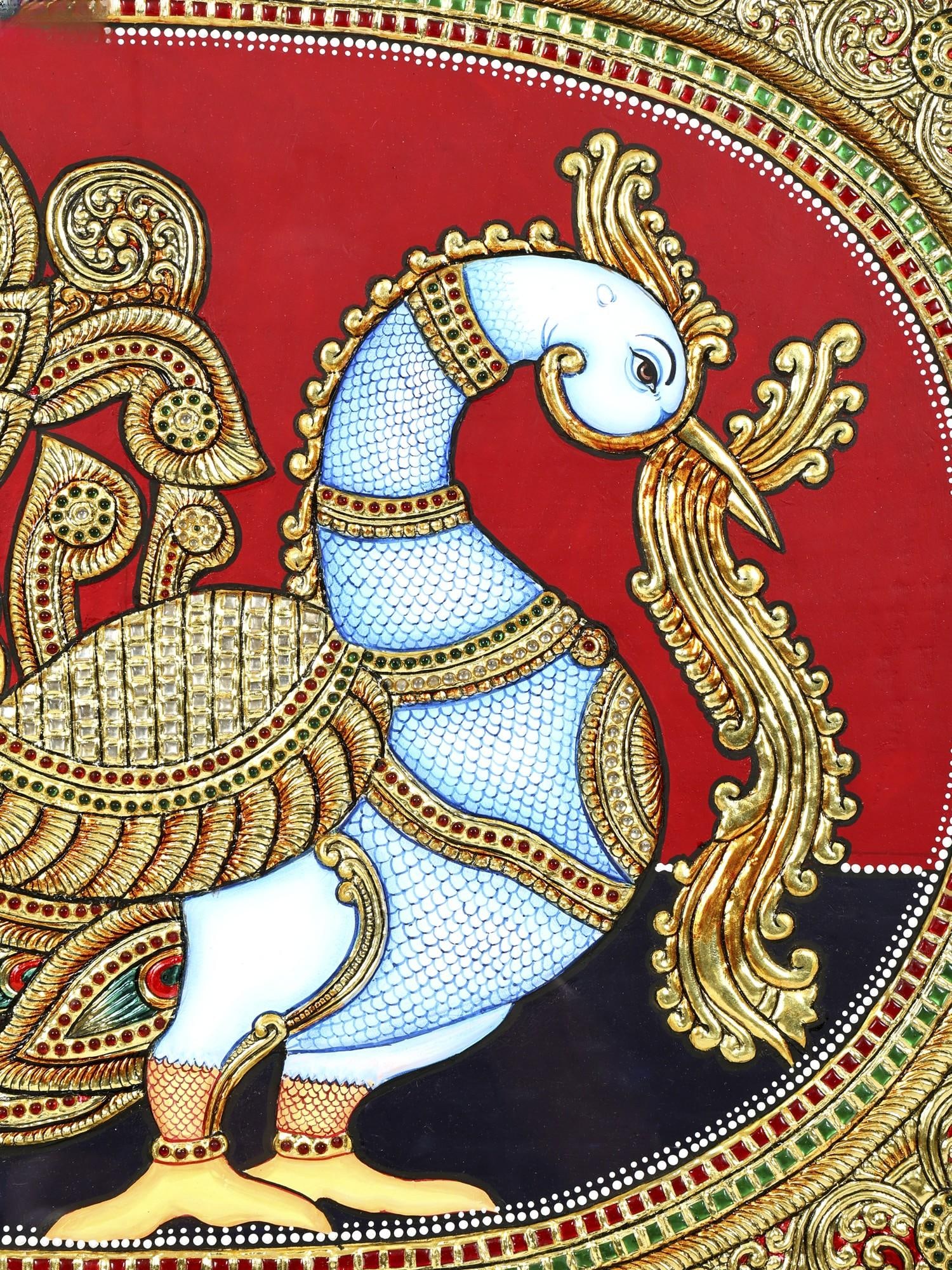 Peacock with Beautiful Tail | 24 Karat Gold Work | Framed Tanjore Painting - 2