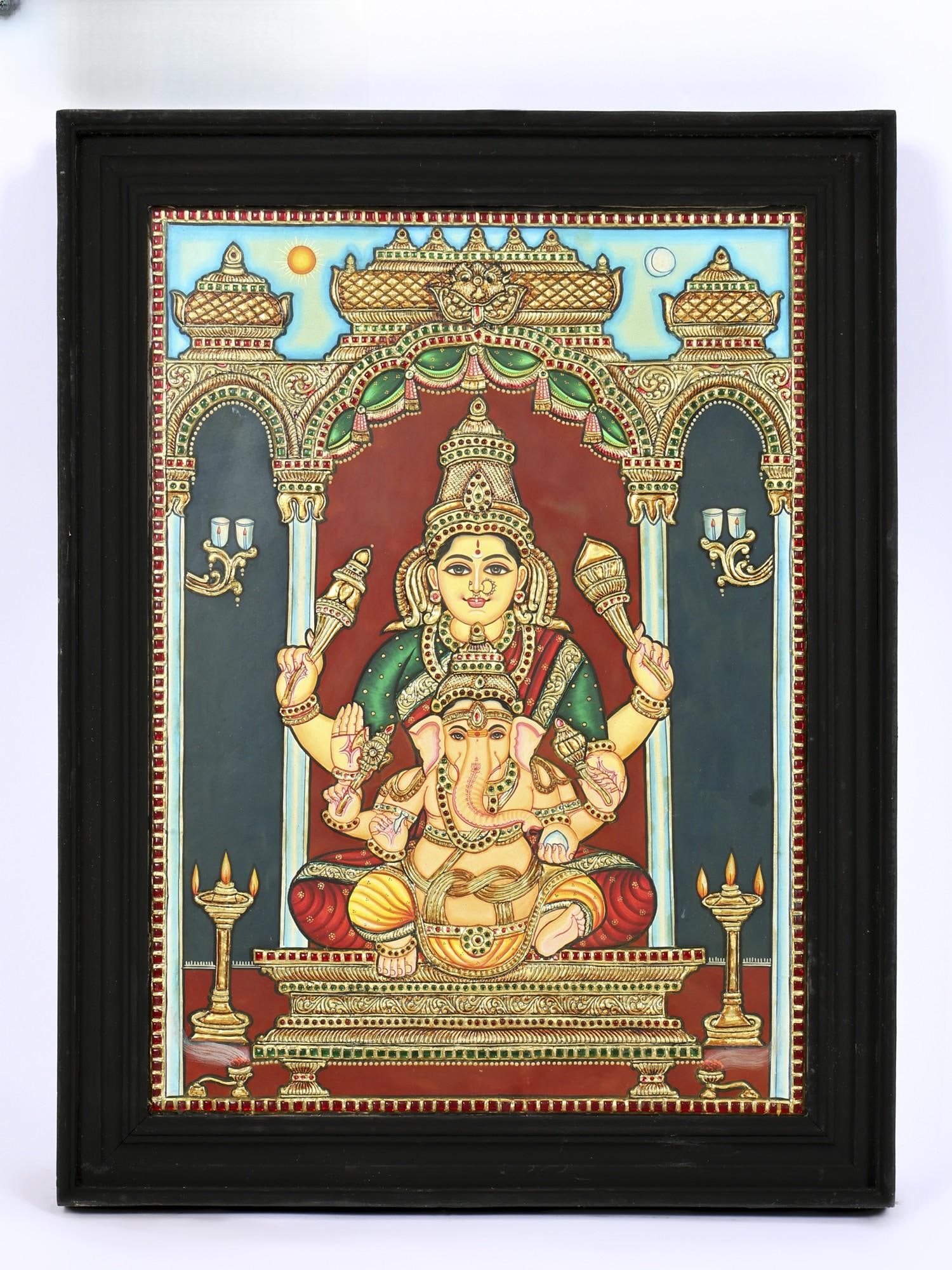 Lord Ganesha with Devi Lakshmi | 24 Karat Gold Work | Framed Tanjore Painting: Title: Lord Ganesha with Devi Lakshmi | 24 Karat Gold Work | Framed Tanjore Painting Description: Tanjore (Thanjavur) Painting Reserve: $1,007.00 Shipping: Domestic: Shipping rates are determined by