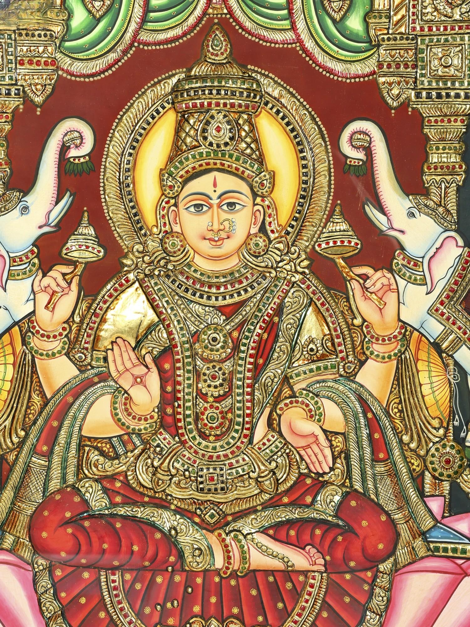 Goddess Gajalakshmi | 24 Karat Gold Work | Framed Tanjore Painting - 2