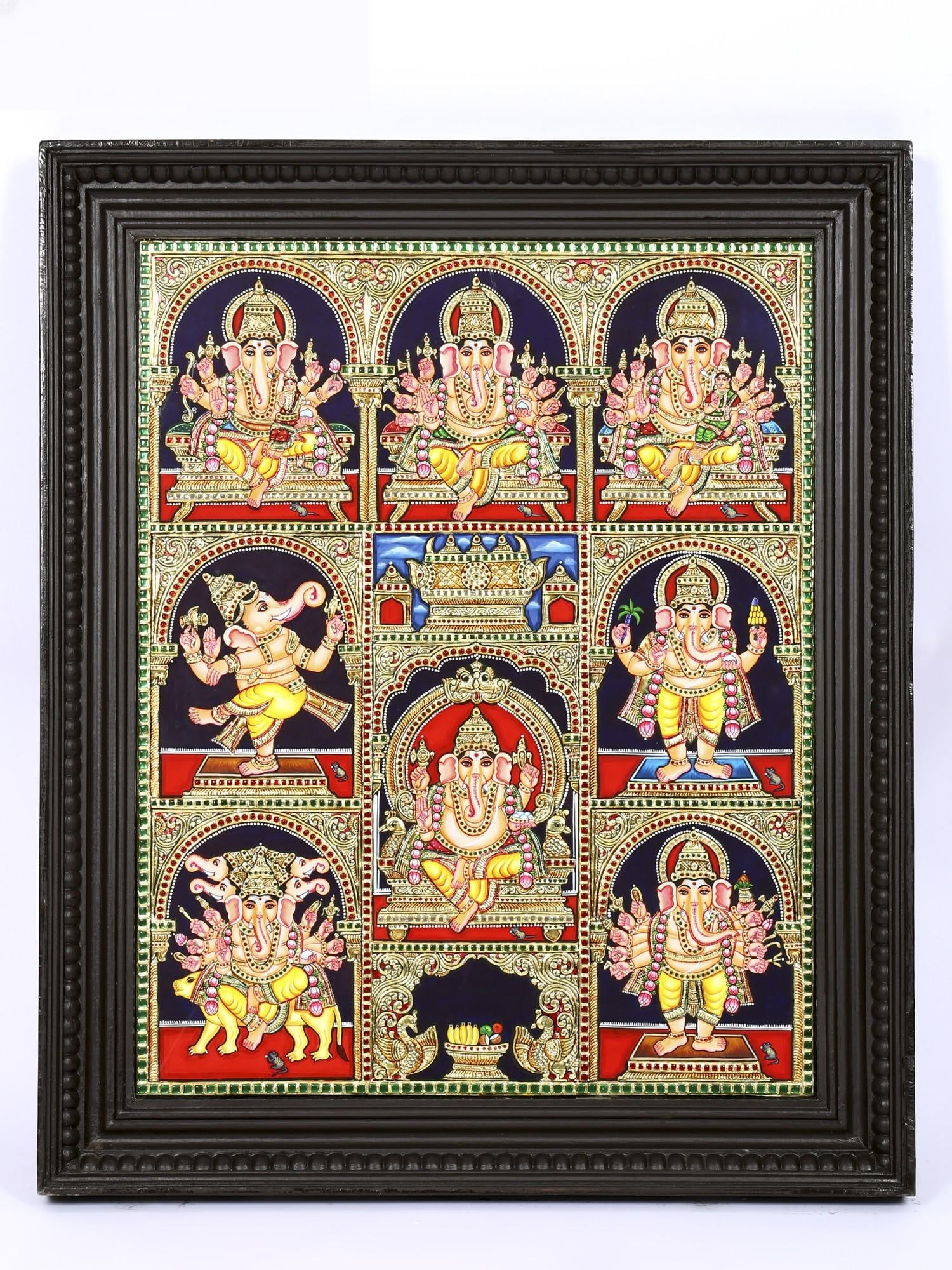 Ashta Ganapati | 24 Karat Gold Work | Framed Tanjore Painting: Title: Ashta Ganapati | 24 Karat Gold Work | Framed Tanjore Painting Description: Tanjore (Thanjavur) Painting Reserve: $1,670.00 Shipping: Domestic: Shipping rates are determined by destination Inter