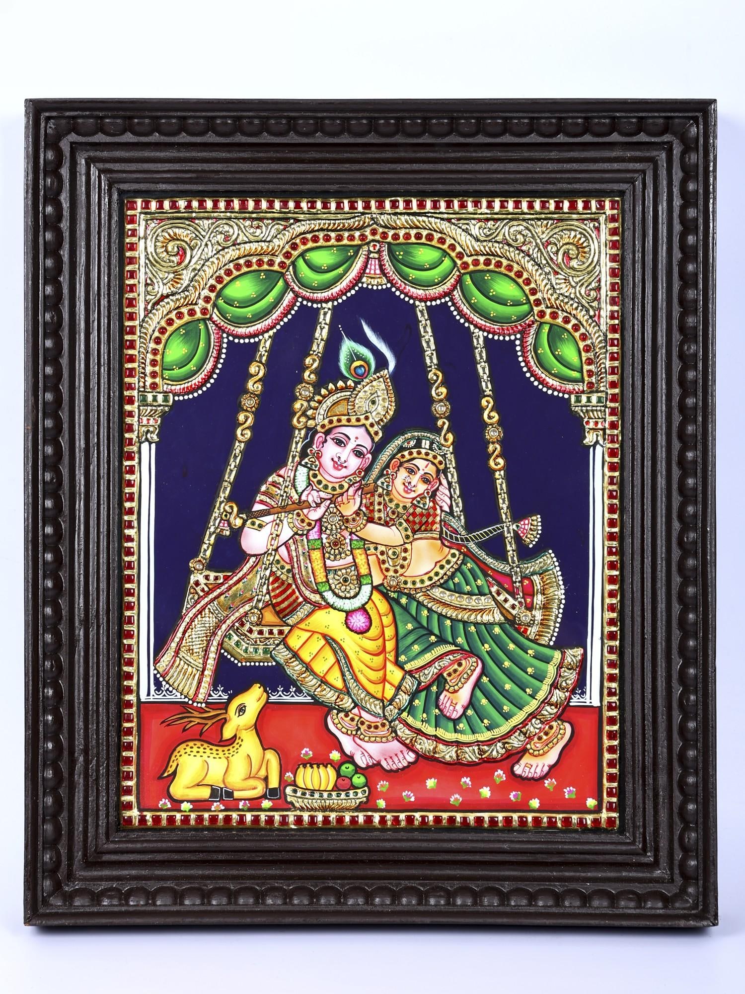 Radha Krishna on Swing | 24 Karat Gold Work | Framed Tanjore Painting (1 of 2)