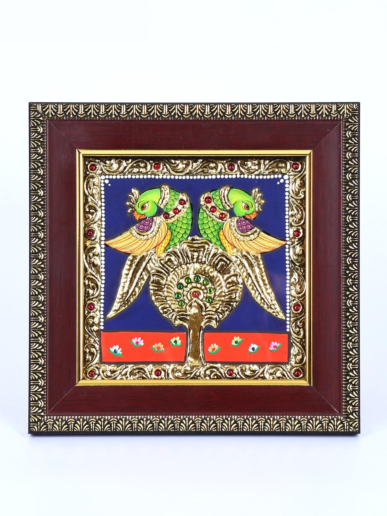 Pair of Parrots | 24 Karat Gold Work | Framed Tanjore Painting: Title: Pair of Parrots | 24 Karat Gold Work | Framed Tanjore Painting Description: Tanjore (Thanjavur) Painting Reserve: $77.00 Shipping: Domestic: Shipping rates are determined by destination