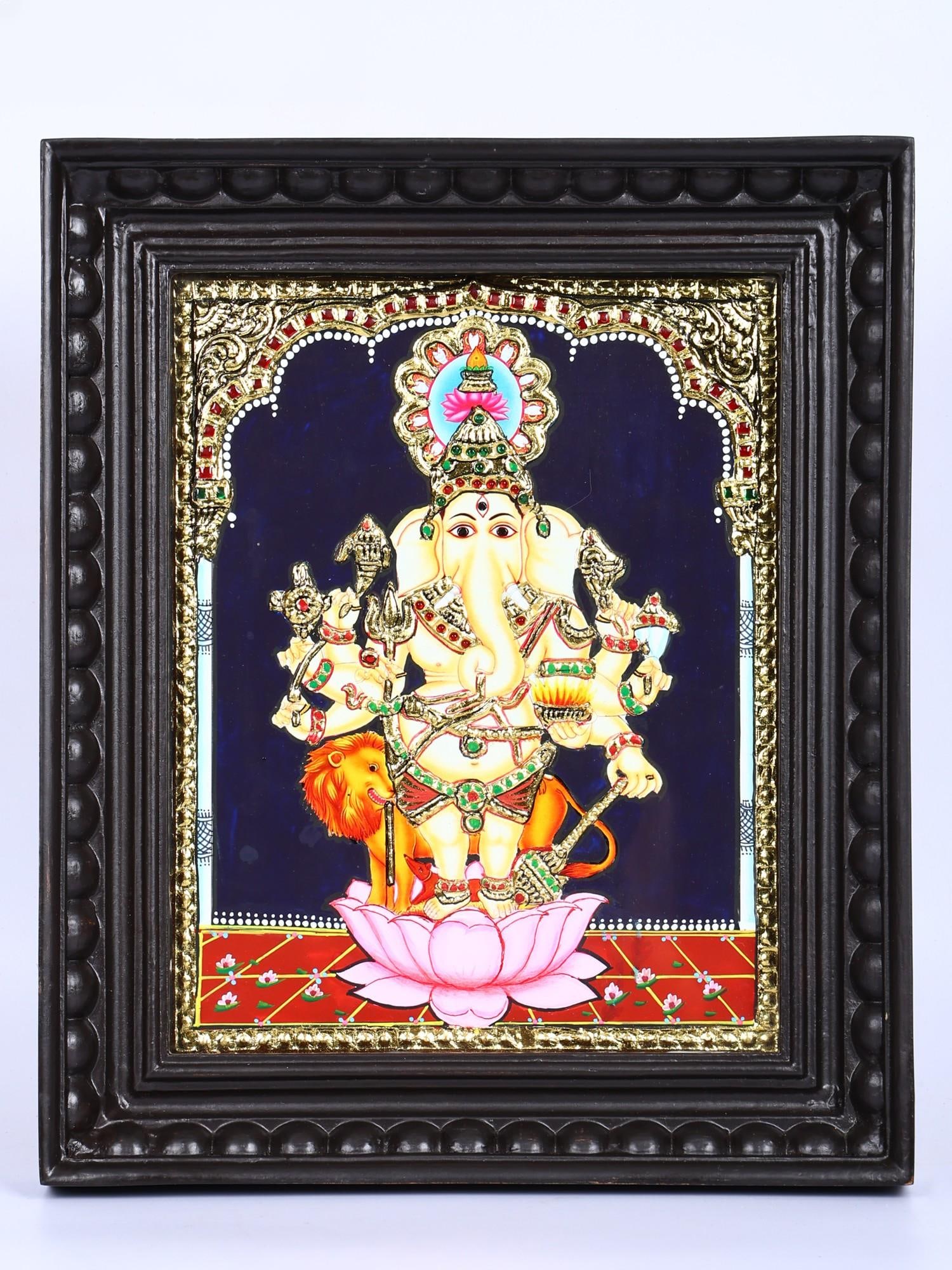 Drishti Ganesha | 24 Karat Gold Work | Framed Tanjore Painting: Title: Drishti Ganesha | 24 Karat Gold Work | Framed Tanjore Painting Description: Tanjore (Thanjavur) Painting Reserve: $202.00 Shipping: Domestic: Shipping rates are determined by destination