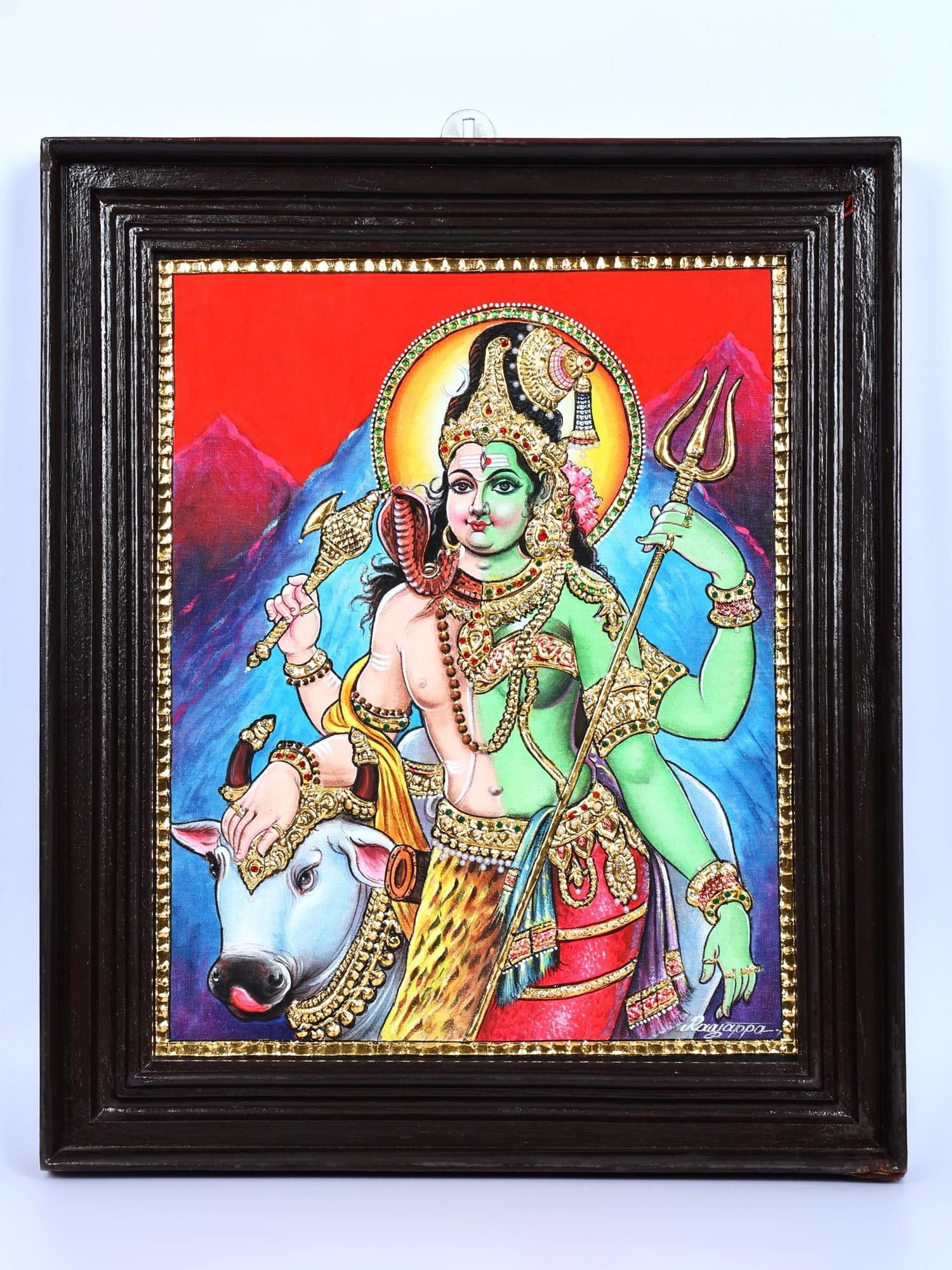 Ardhanarishvara (Shiva-Shakti) with Nandi | 24 Karat Gold Work | Framed Tanjore Painting: Title: Ardhanarishvara (Shiva-Shakti) with Nandi | 24 Karat Gold Work | Framed Tanjore Painting Description: Tanjore (Thanjavur) Painting Reserve: $305.00 Shipping: Domestic: Shipping rates are