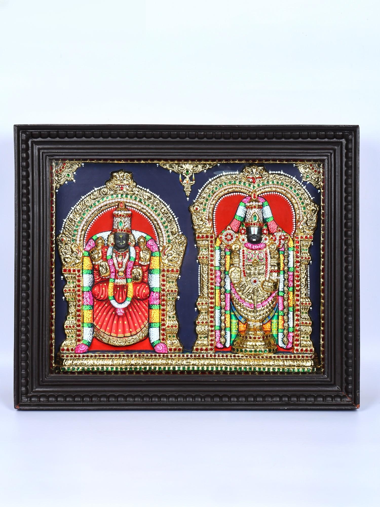 Lord Venkateshvara (Tirupati Balaji) with Goddess Padmavathi | 24 Karat Gold Work | Framed Tanjore: Title: Lord Venkateshvara (Tirupati Balaji) with Goddess Padmavathi | 24 Karat Gold Work | Framed Tanjore Painting Description: Tanjore (Thanjavur) Painting Reserve: $1,007.00 Shipping: Domestic: