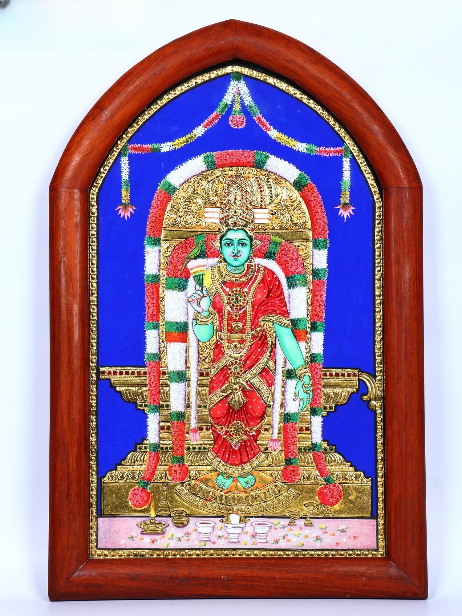 Goddess Meenakshi | 24 Karat Gold Work | Framed Tanjore Painting: Title: Goddess Meenakshi | 24 Karat Gold Work | Framed Tanjore Painting Description: Tanjore (Thanjavur) Painting Reserve: $782.00 Shipping: Domestic: Shipping rates are determined by destination