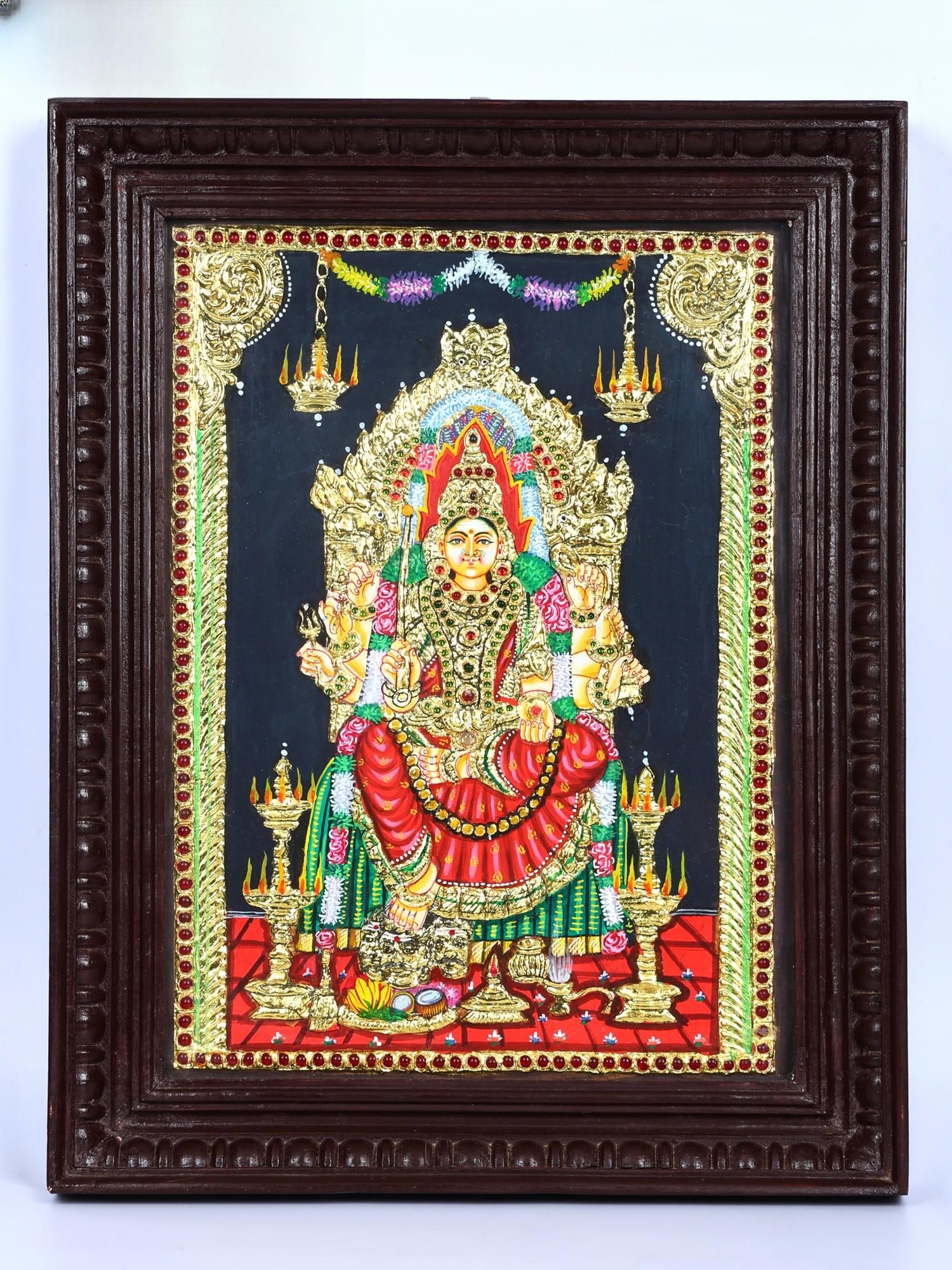 Goddess Mariamman Seated on Kritimukha Throne | 24 Karat Gold Work | Framed Tanjore Painting: Title: Goddess Mariamman Seated on Kritimukha Throne | 24 Karat Gold Work | Framed Tanjore Painting Description: Tanjore (Thanjavur) Painting Reserve: $512.00 Shipping: Domestic: Shipping rates are de