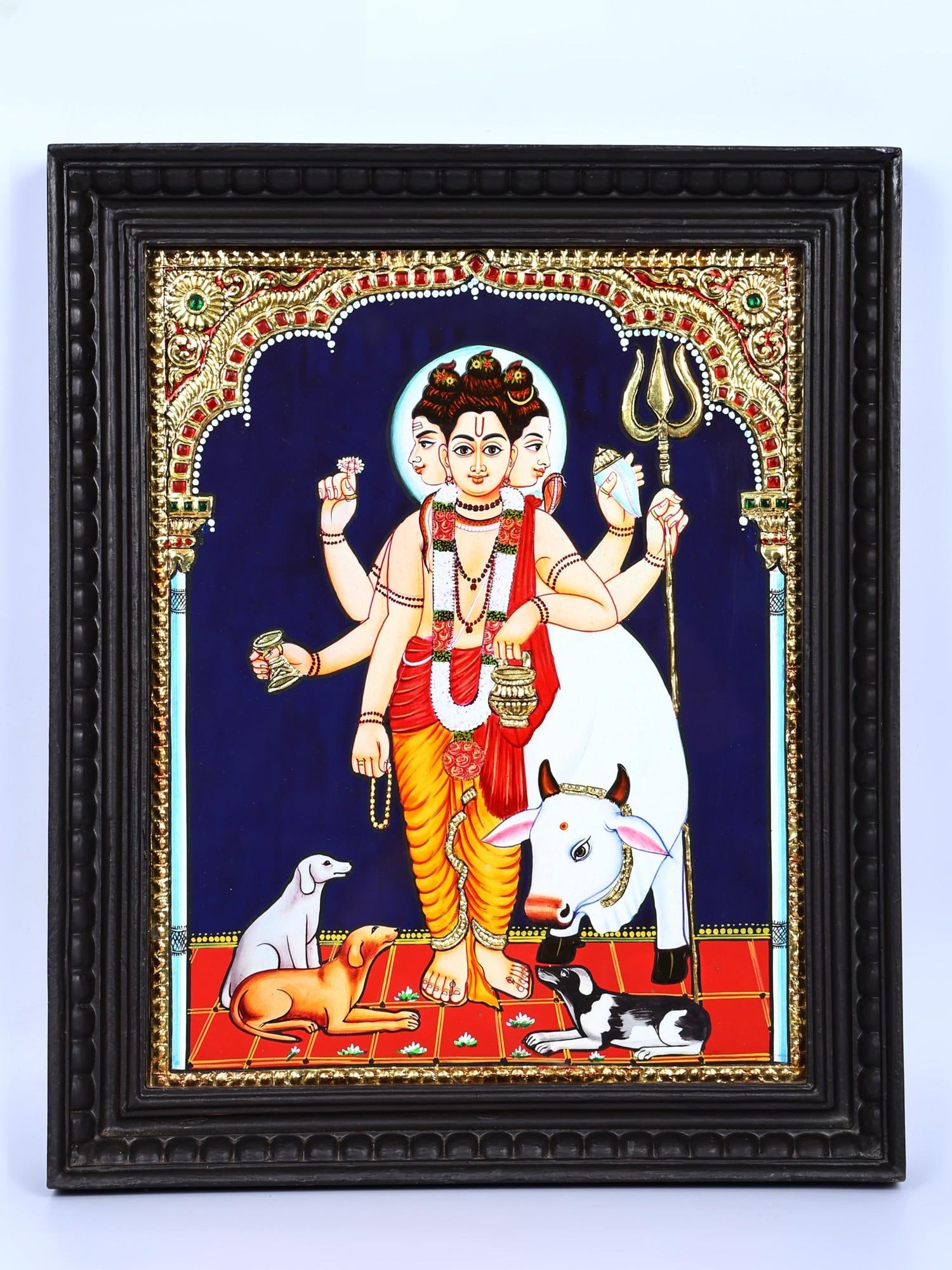 Lord Dattatreya | 24 Karat Gold Work | Framed Tanjore Painting: Title: Lord Dattatreya | 24 Karat Gold Work | Framed Tanjore Painting Description: Tanjore (Thanjavur) Painting Reserve: $512.00 Shipping: Domestic: Shipping rates are determined by destination Intern