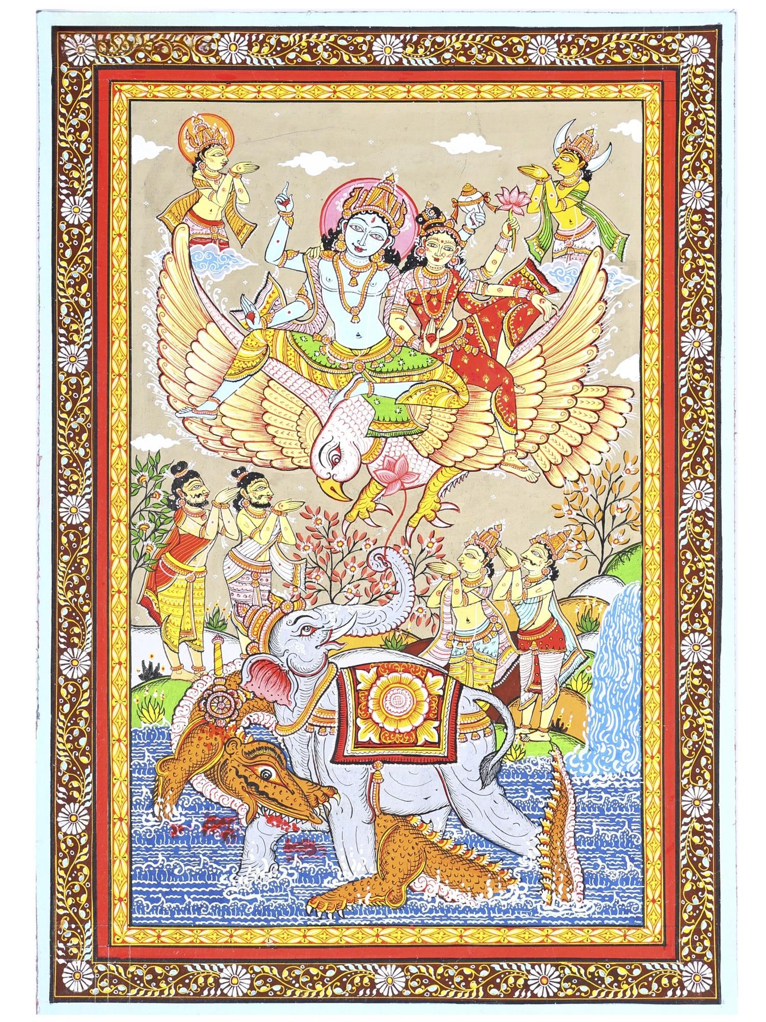 Gajendra Moksha | Superfine Pattachitra Painting: Title: Gajendra Moksha | Superfine Pattachitra Painting Description: Folk Paintings Reserve: $305.00 Shipping: Domestic: Shipping rates are determined by destination International: Foreign shipping ra