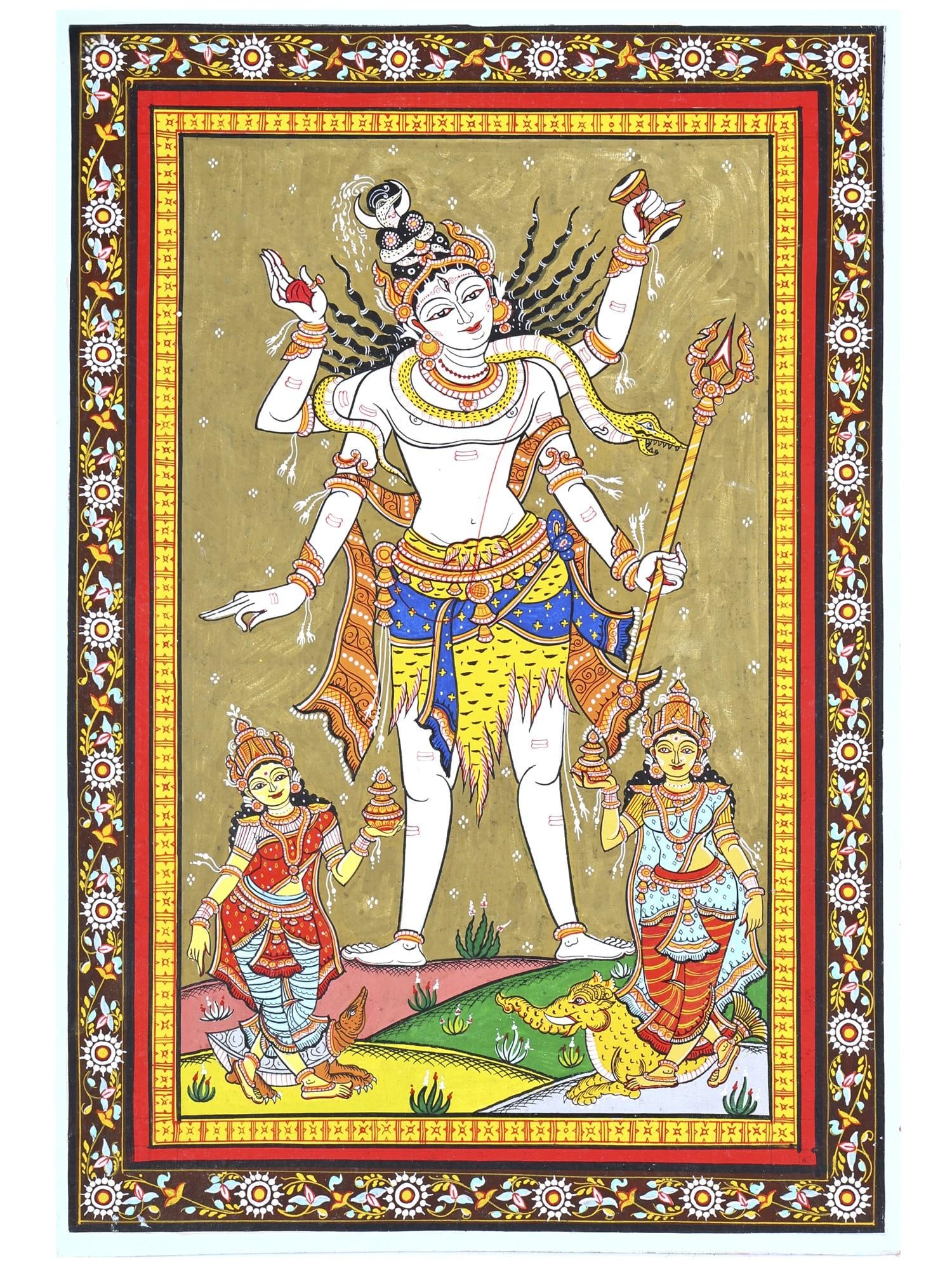 Standing Lord Shiva with Devi Ganga and Yamuna | Pattachitra Painting: Title: Standing Lord Shiva with Devi Ganga and Yamuna | Pattachitra Painting Description: Folk Paintings Reserve: $160.00 Shipping: Domestic: Shipping rates are determined by destination International