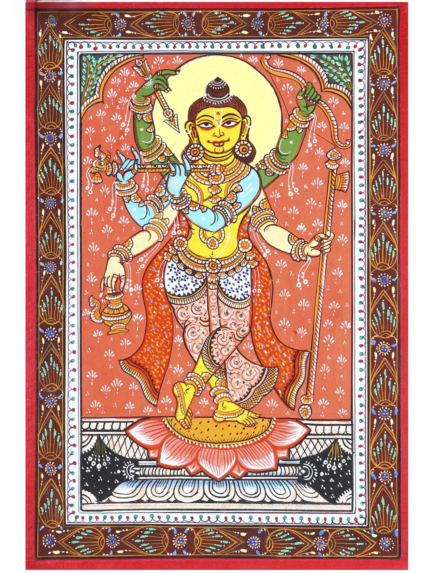 Lord Krishna Composite form with Rama and Parashurama | Pattachitra Painting: Title: Lord Krishna Composite form with Rama and Parashurama | Pattachitra Painting Description: Folk Paintings Reserve: $160.00 Shipping: Domestic: Shipping rates are determined by destination