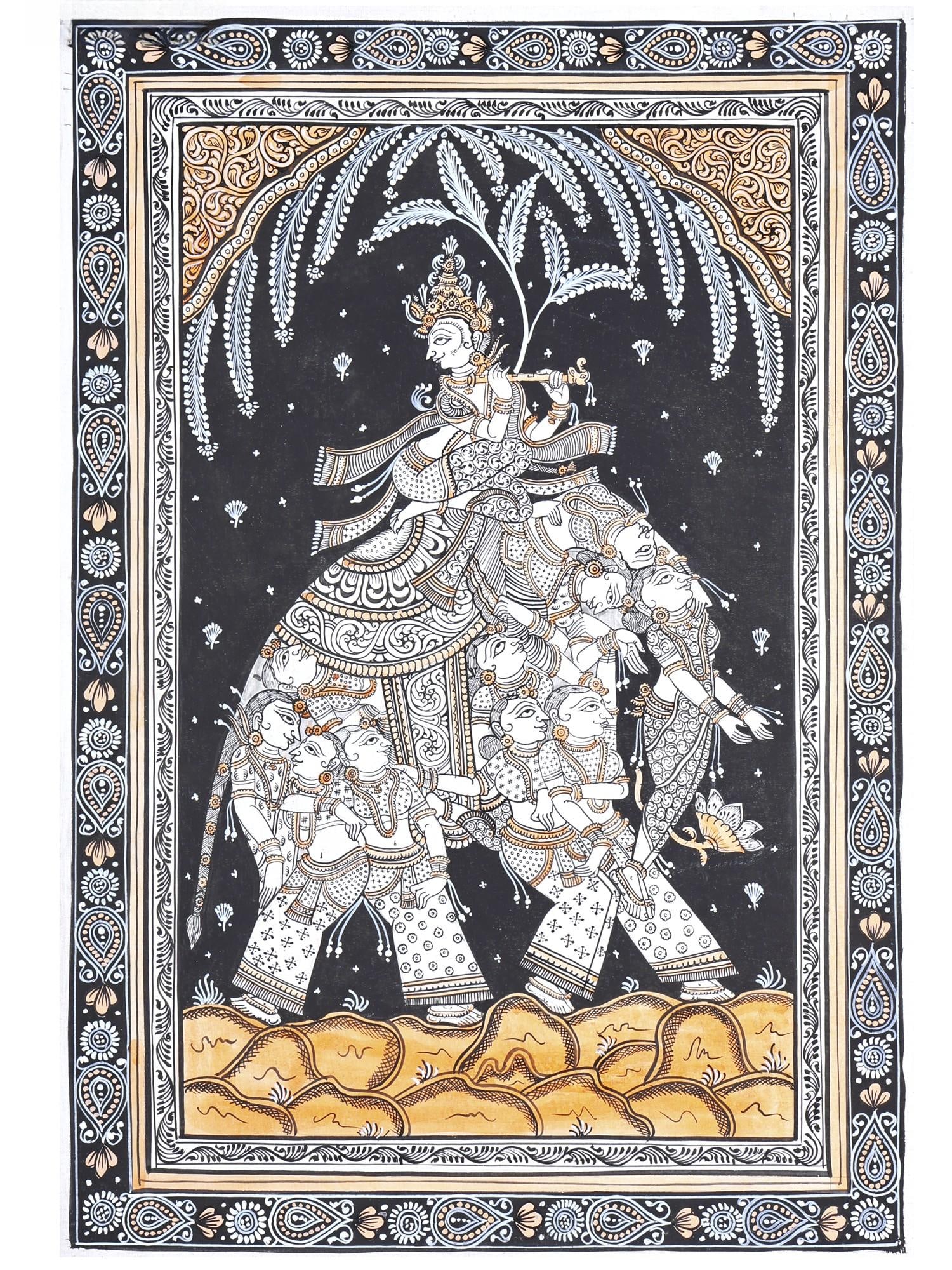 Lord Krishna on Nari Kunjar | Pattachitra Painting: Title: Lord Krishna on Nari Kunjar | Pattachitra Painting Description: Folk Paintings Reserve: $202.00 Shipping: Domestic: Shipping rates are determined by destination International: Foreign shipping 