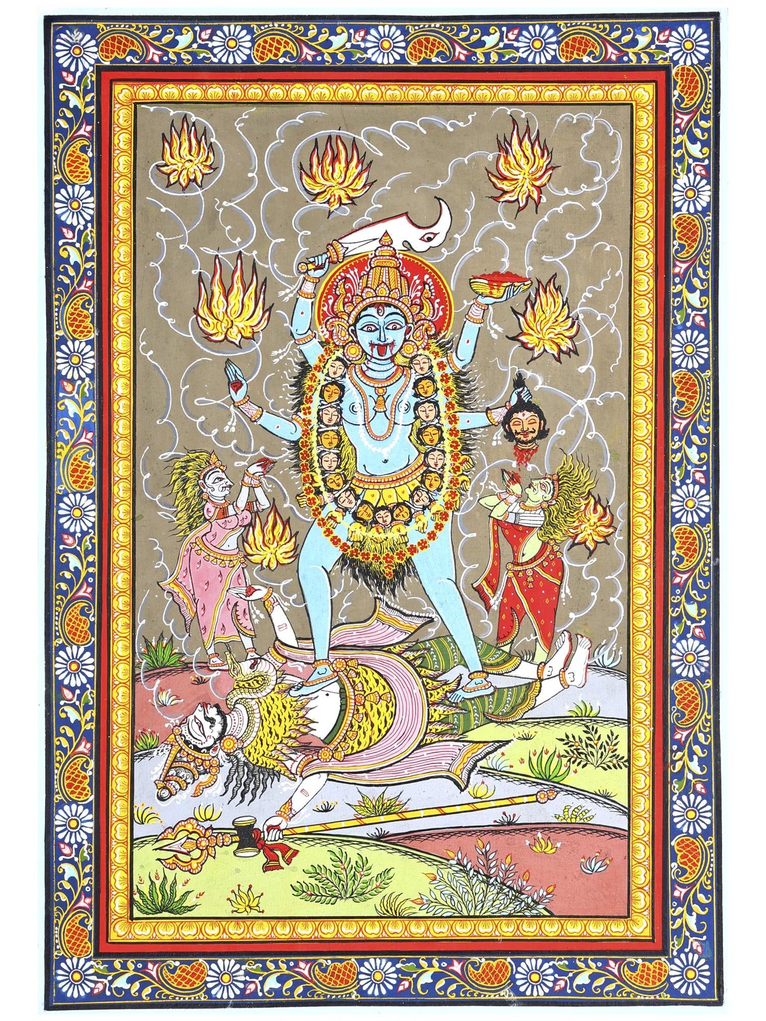 Goddess Kali Standing on Lord Shiva | Pattachitra Painting: Title: Goddess Kali Standing on Lord Shiva | Pattachitra Painting Description: Folk Paintings Reserve: $202.00 Shipping: Domestic: Shipping rates are determined by destination International: Foreign s