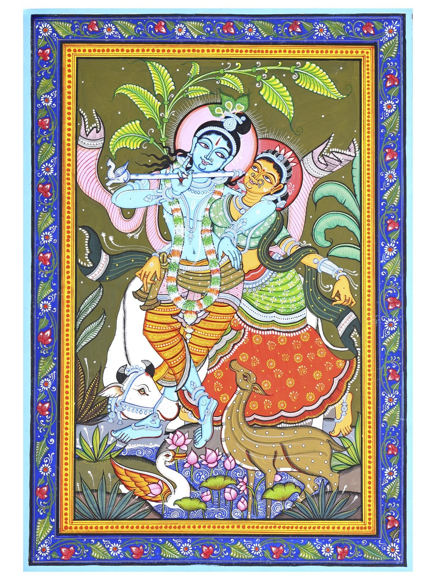 Fluting Radha Krishna | Pattachitra Painting: Title: Fluting Radha Krishna | Pattachitra Painting Description: Folk Paintings Reserve: $264.00 Shipping: Domestic: Shipping rates are determined by destination International: Foreign shipping rates 