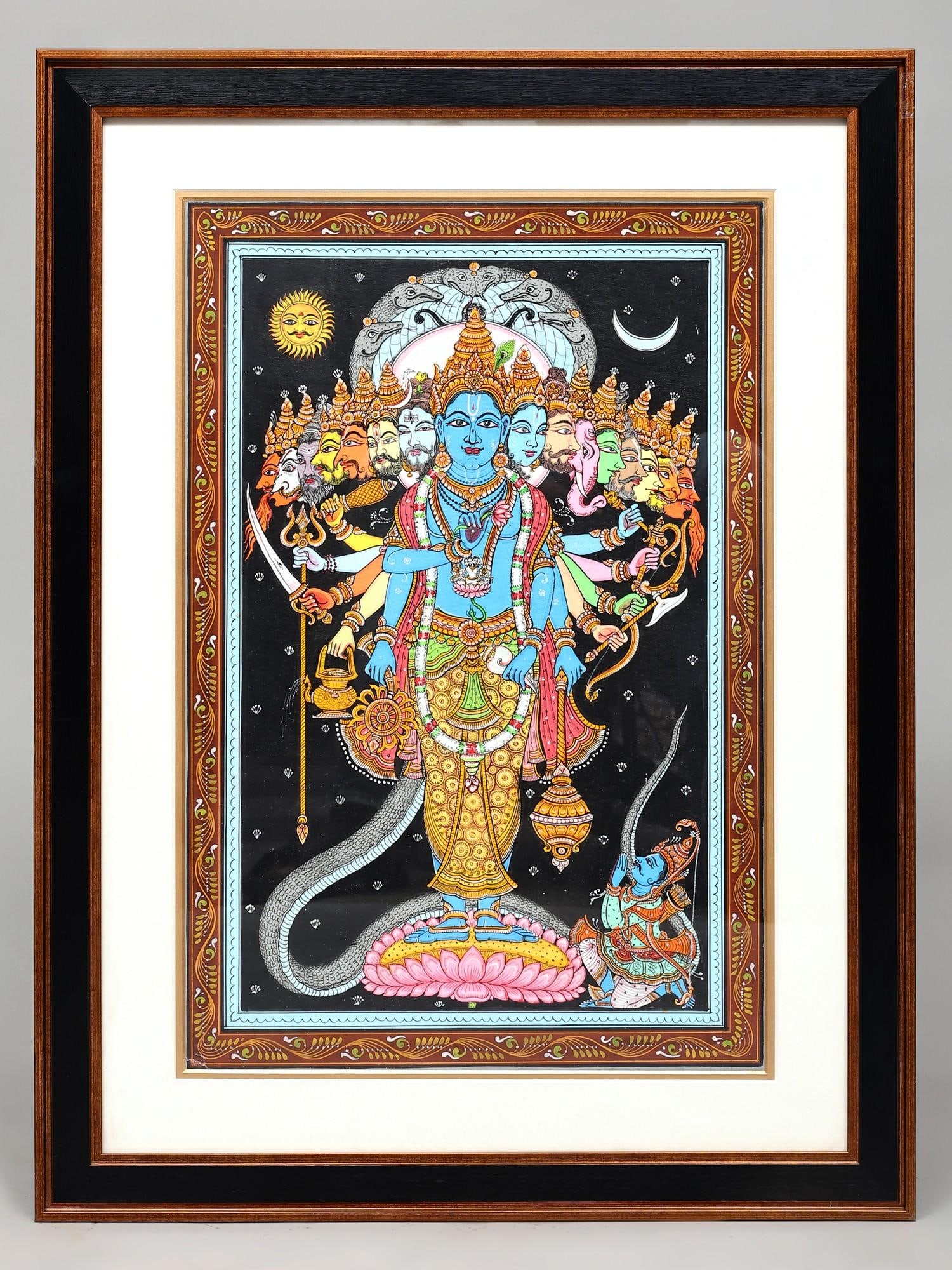 Lord Krishna Showing Vishvarupa to Arjuna | Framed Pattachitra Painting: Title: Lord Krishna Showing Vishvarupa to Arjuna | Framed Pattachitra Painting Description: Folk Paintings Reserve: $462.00 Shipping: Domestic: Shipping rates are determined by destination Internation