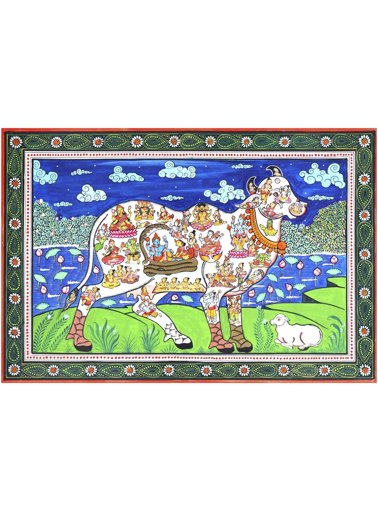 All Gods and Goddesses Inside The Cow | Kamadhenu | Pattachitra Painting: Title: All Gods and Goddesses Inside The Cow | Kamadhenu | Pattachitra Painting Description: Folk Paintings Reserve: $264.00 Shipping: Domestic: Shipping rates are determined by destination