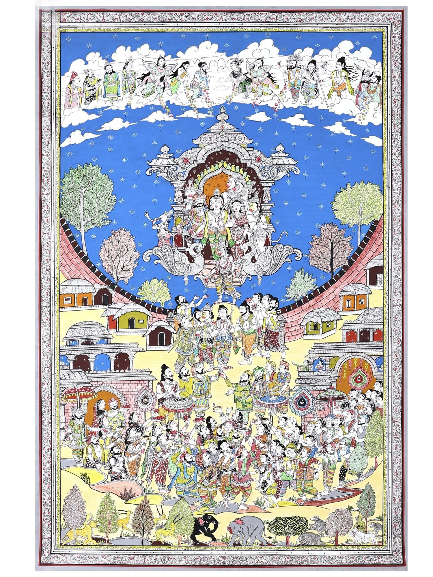 Lord Rama Returning to Ayodhya in Pushpak Viman - Celebration View | Superfine Pattachitra Painting: Title: Lord Rama Returning to Ayodhya in Pushpak Viman - Celebration View | Superfine Pattachitra Painting from Odisha Description: Folk Paintings Reserve: $2,245.00 Shipping: Domestic: Shipping rates