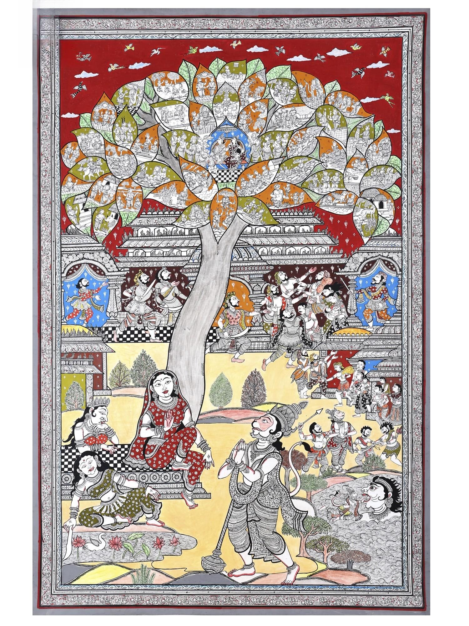 Lord Hanuman Meets Devi Maa Sita in Ashok Vatika | Superfine Pattachitra Painting from Odisha: Title: Lord Hanuman Meets Devi Maa Sita in Ashok Vatika | Superfine Pattachitra Painting from Odisha Description: Folk Paintings Reserve: $2,245.00 Shipping: Domestic: Shipping rates are determined by