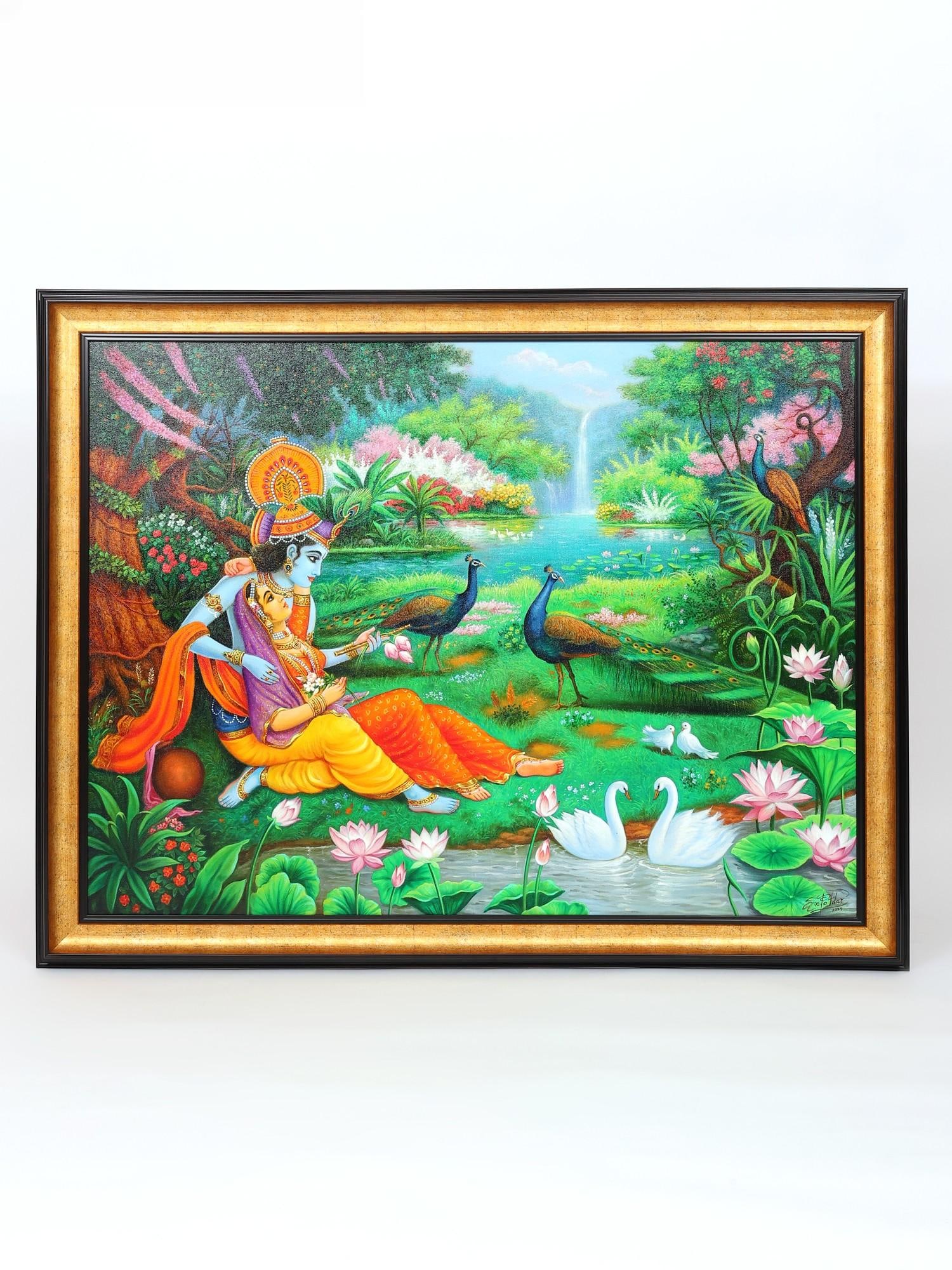 Radha Krishna with Beautiful View of Vrindavan | Unframed Oil Painting: Title: Radha Krishna with Beautiful View of Vrindavan | Unframed Oil Painting Description: Oil Paintings Reserve: $895.00 Shipping: Domestic: Shipping rates are determined by destination