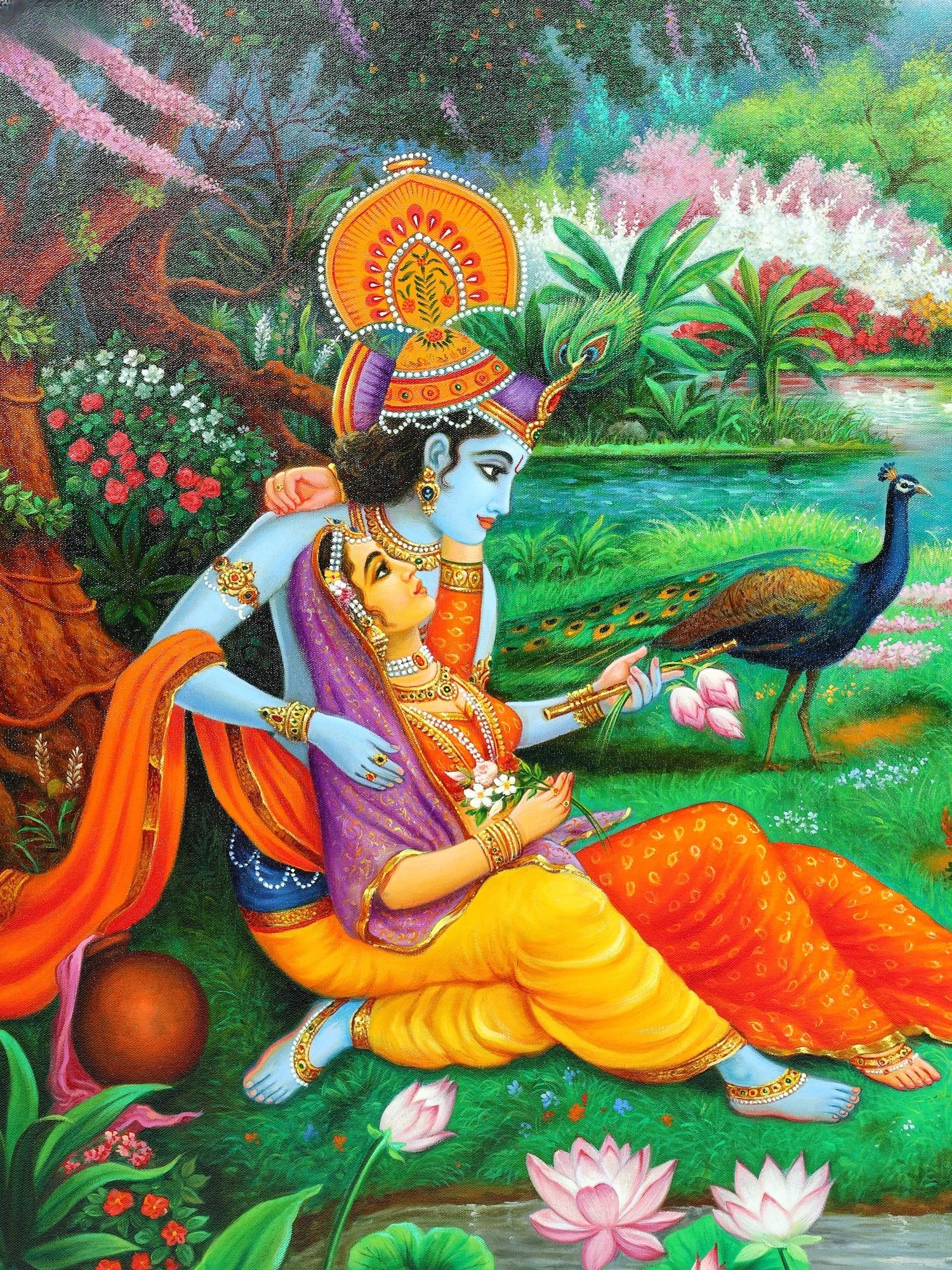 Radha Krishna with Beautiful View of Vrindavan | Unframed Oil Painting - 2
