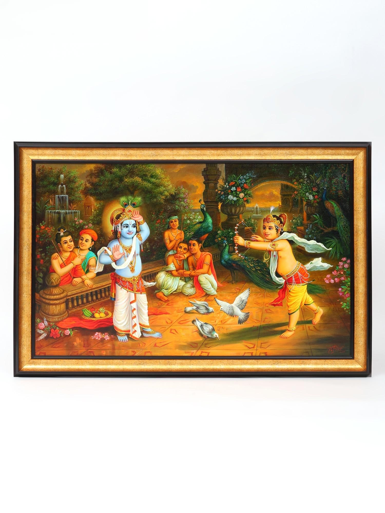 Lord Krishna and Balarama Playing with Each Other | Unframed Oil Painting: Title: Lord Krishna and Balarama Playing with Each Other | Unframed Oil Painting Description: Oil Paintings Reserve: $844.00 Shipping: Domestic: Shipping rates are determined by destination