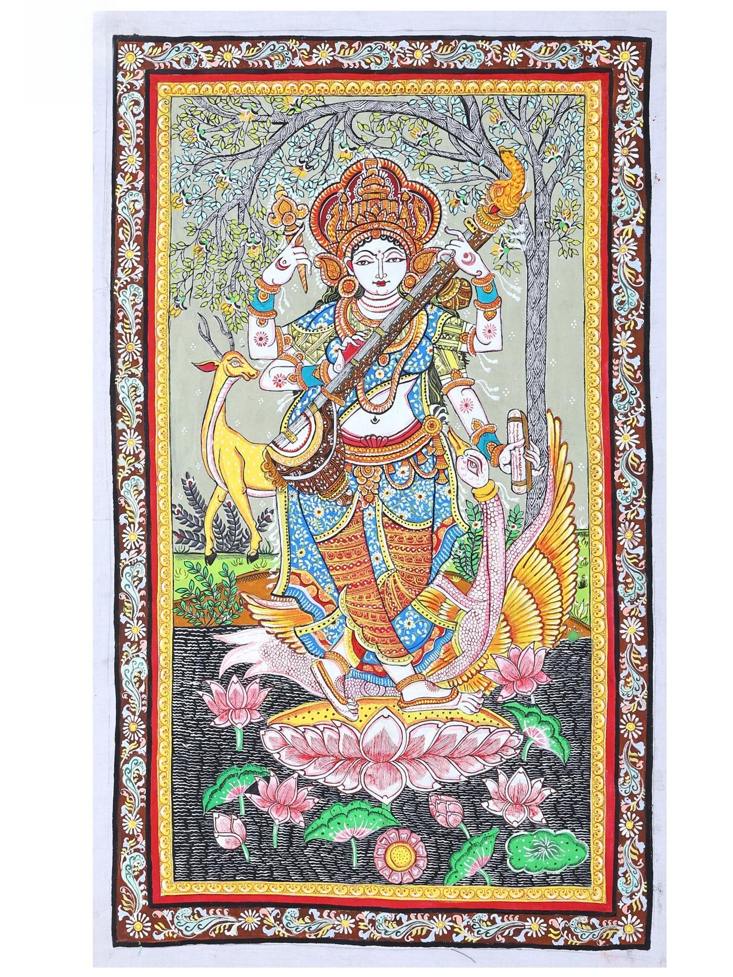 Goddess Saraswati Standing on Lotus and Playing Veena | Pattachitra Painting From Odisha: Title: Goddess Saraswati Standing on Lotus and Playing Veena | Pattachitra Painting From Odisha Description: Folk Paintings Reserve: $360.00 Shipping: Domestic: Shipping rates are determined by destin