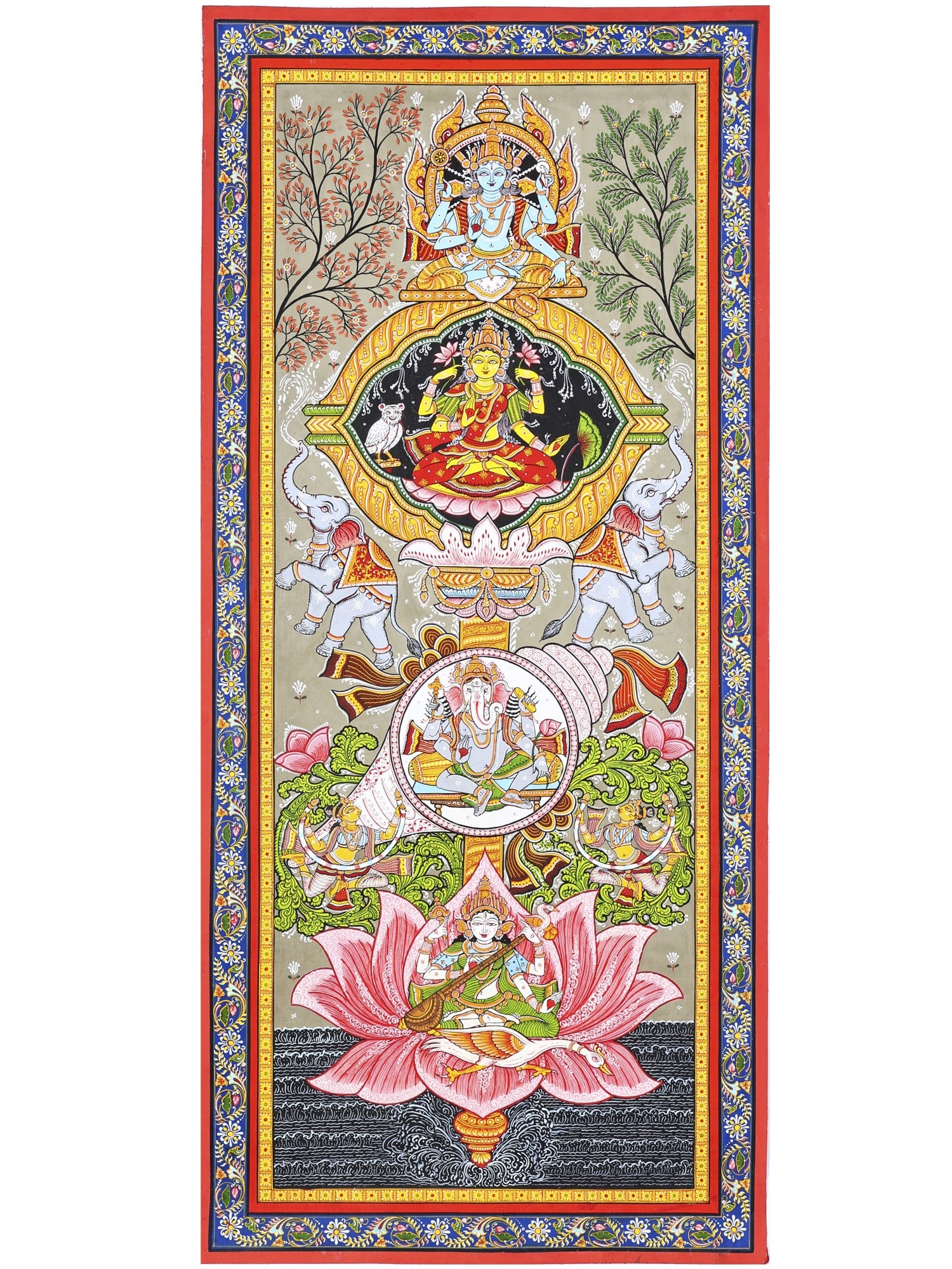 Vishnu, Gajalakshmi, Ganesha and Saraswati | Pattachitra Painting From Odisha (1 of 2)